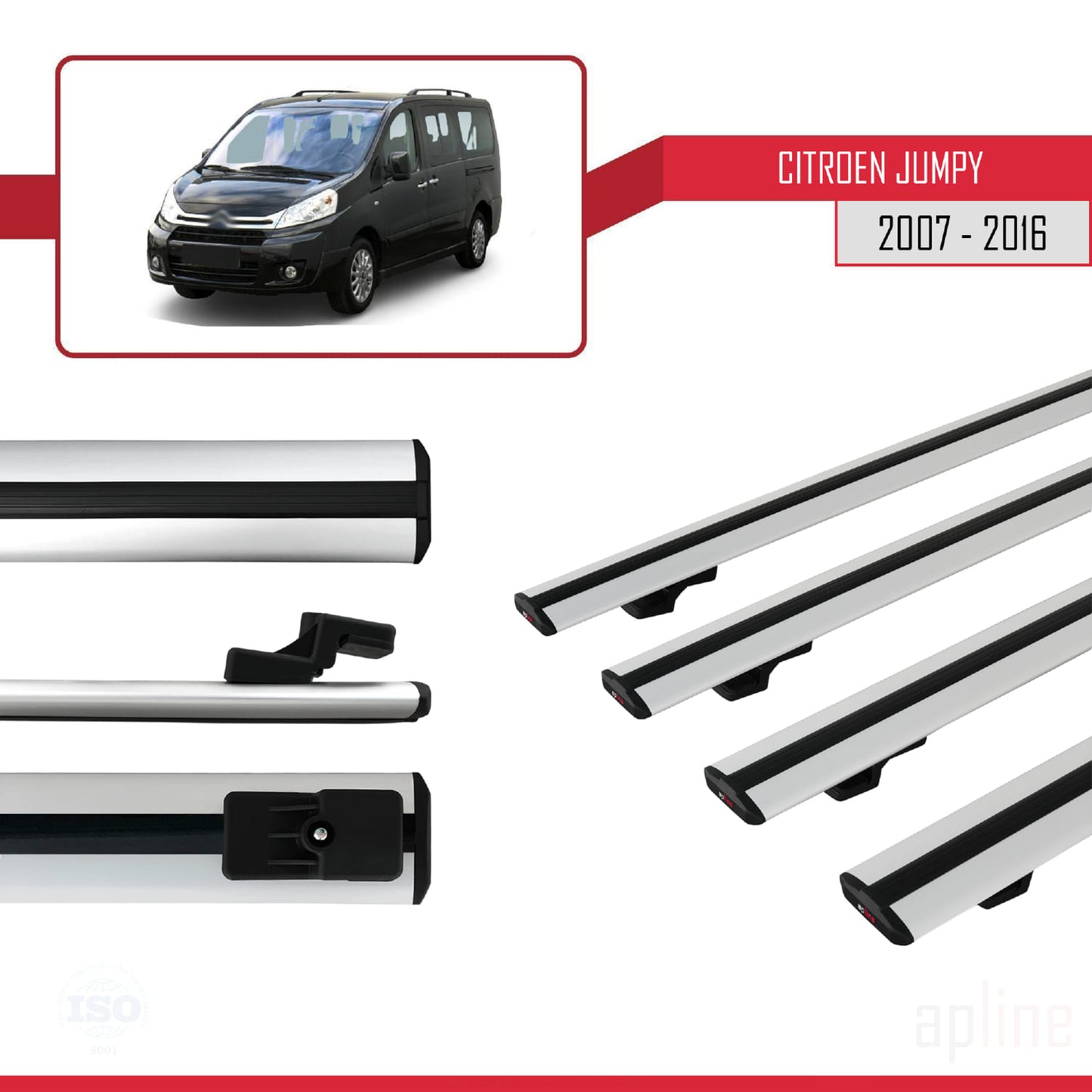 Compatible avec Citroen Jumpy 2 (G9) 2007-2016 BASIC Model Barres de Toit Railing Porte-Bagages de Voiture Gris Aluminium 4 Barres