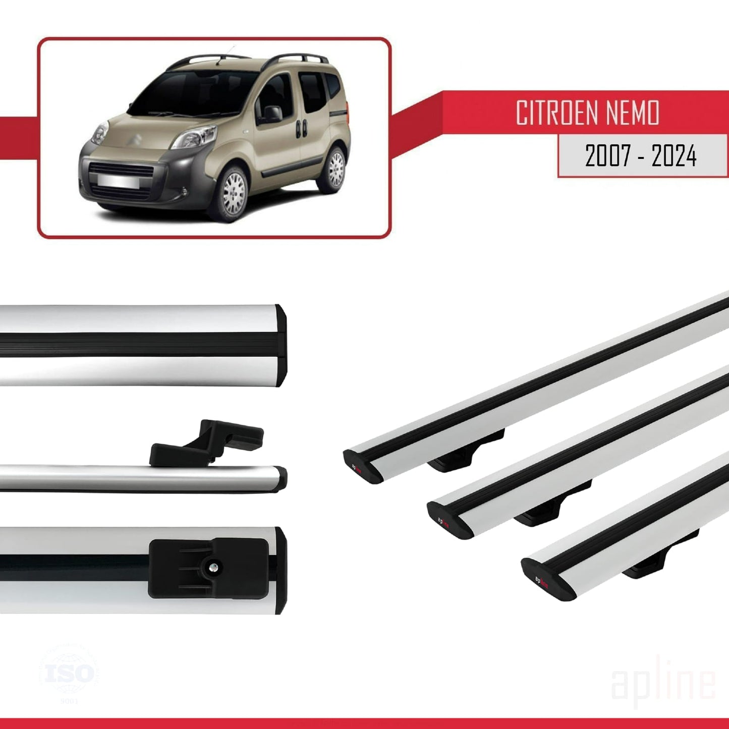Compatible avec Citroen Nemo 3 (225) 2007-2024 BASIC Model Barres de Toit Railing Porte-Bagages de Voiture Gris Aluminium 3 Barres