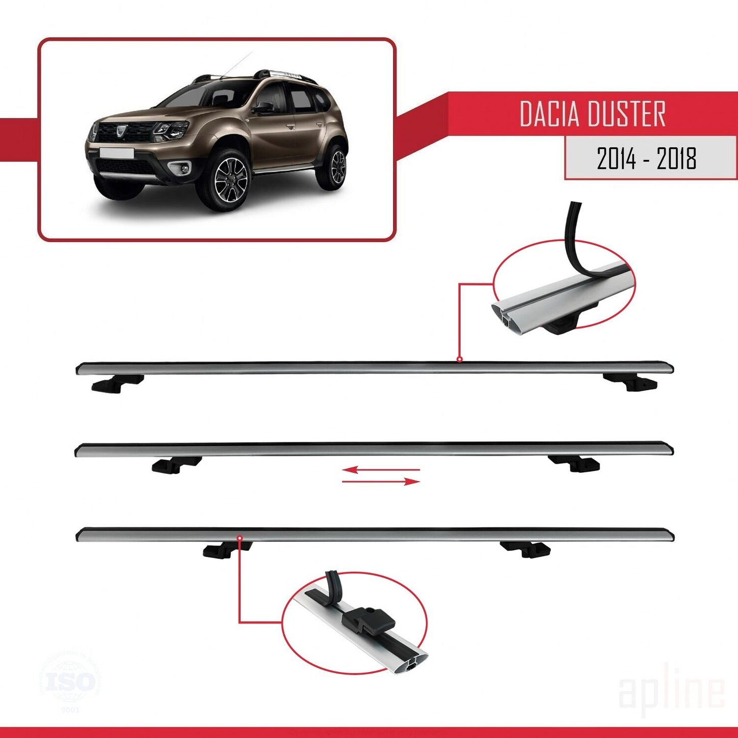 Compatible avec Dacia Duster (HS) Post-Facelift 2014-2017 BASIC Model Barres de Toit Railing Porte-Bagages de Voiture Gris Aluminium 3 Barres