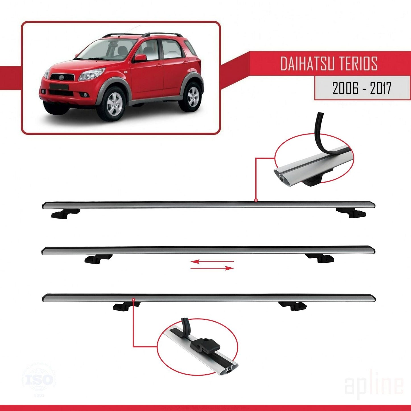 Compatible avec Daihatsu Terios 2 (J200) 2006-2017 BASIC Model Barres de Toit Railing Porte-Bagages de Voiture Gris Aluminium 3 Barres