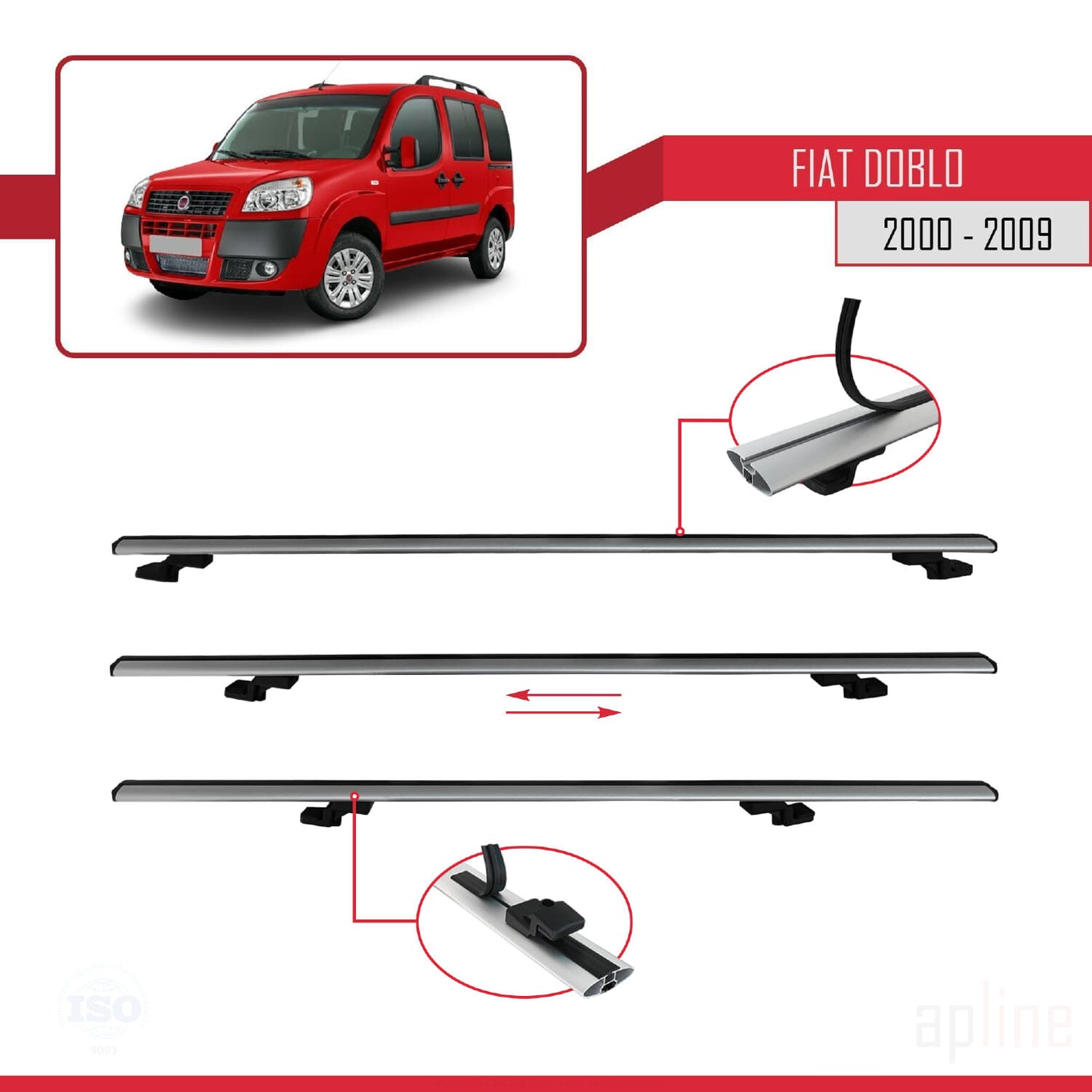 Compatible avec Fiat Doblo 2000-2009 BASIC Model Barres de Toit Railing Porte-Bagages de Voiture Gris Aluminium 4 Barres