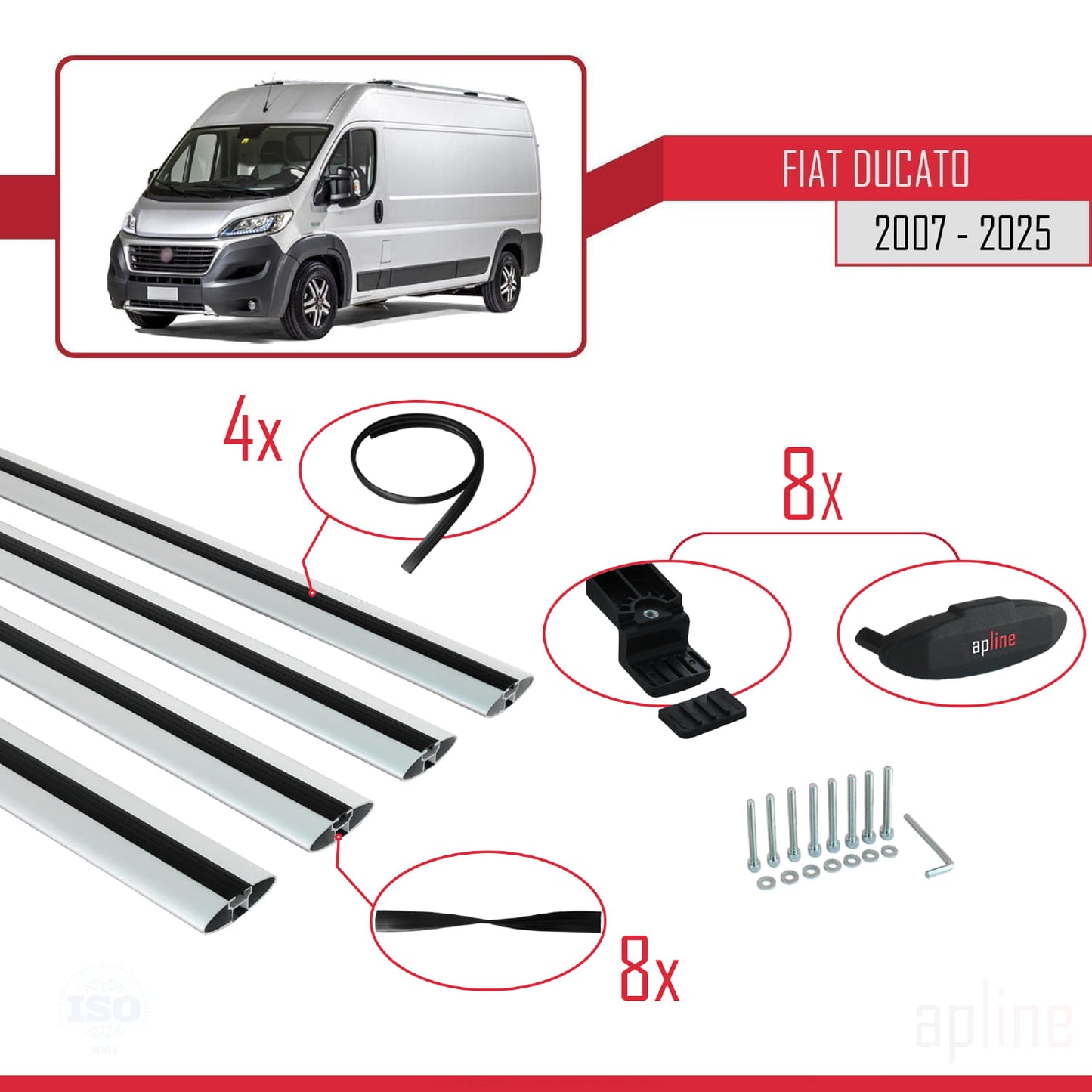 Compatibile con Fiat Ducato 3 2007-2025 modello BASIC Barre portatutto Railing Portapacchi per auto Alluminio grigio 4 barre