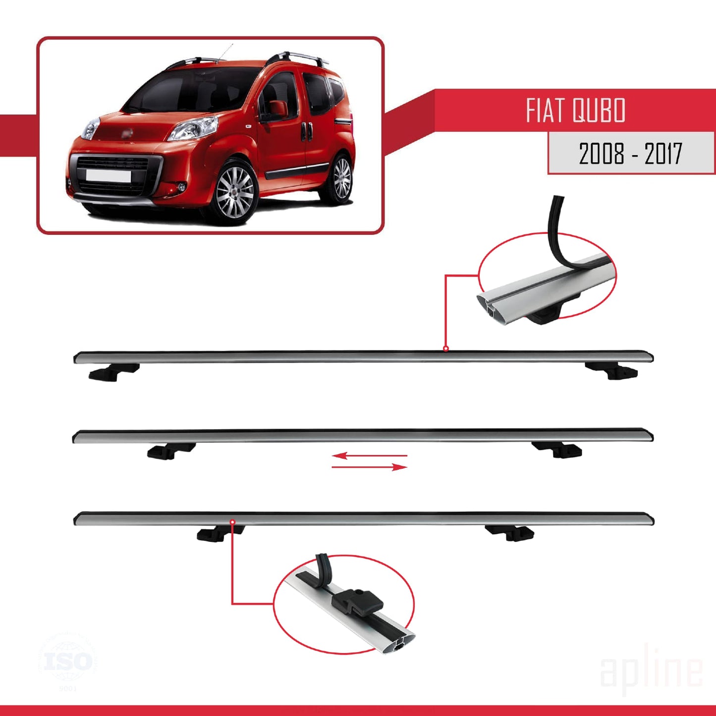 Compatible avec Fiat Qubo 2008-2017 BASIC Model Barres de Toit Railing Porte-Bagages de Voiture Gris Aluminium 2 Barres
