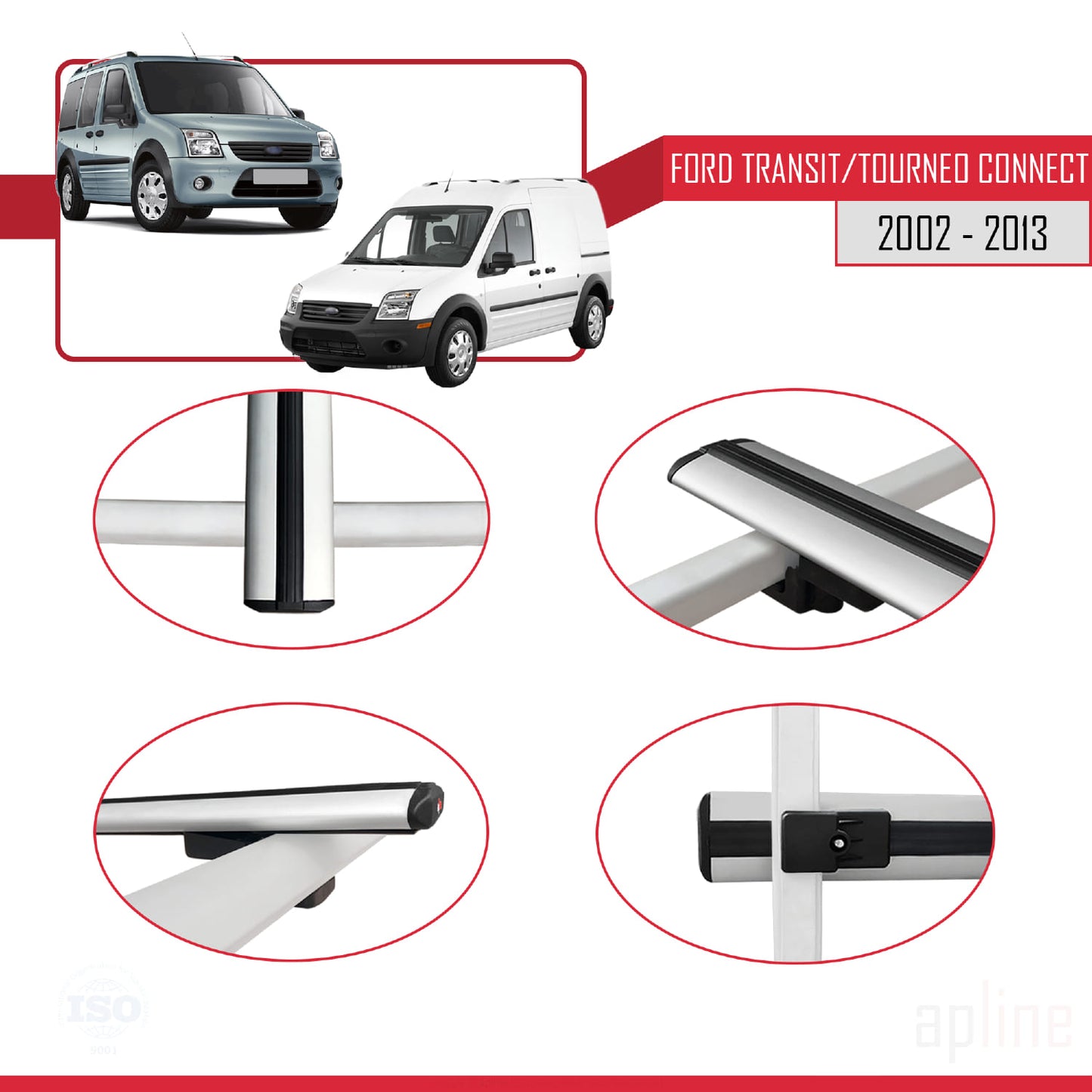 Compatible with Ford Transit/Tourneo Connect 2002-2013 BASIC Model Car Roof Rack Cross Bar Grey Aluminium 4 Bars