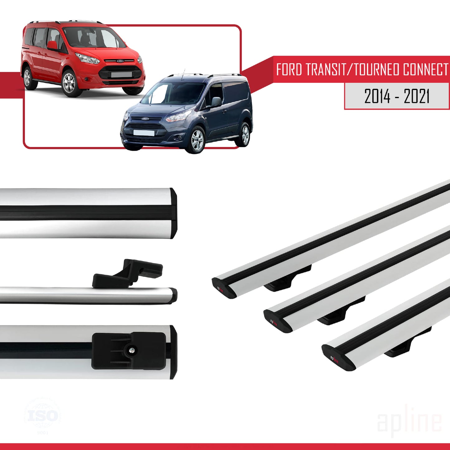 Compatible avec Ford Transit/Tourneo Connect 2 2014-2021 BASIC Model Barres de Toit Railing Porte-Bagages de Voiture Gris Aluminium 3 Barres