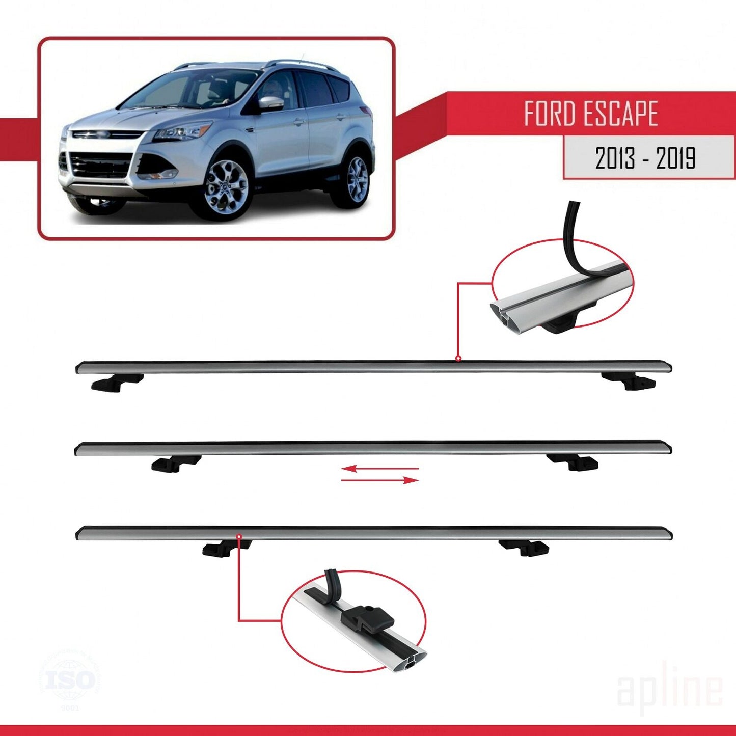 Compatible avec Ford Escape 3 2013-2019 BASIC Model Barres de Toit Railing Porte-Bagages de Voiture Gris Aluminium 3 Barres