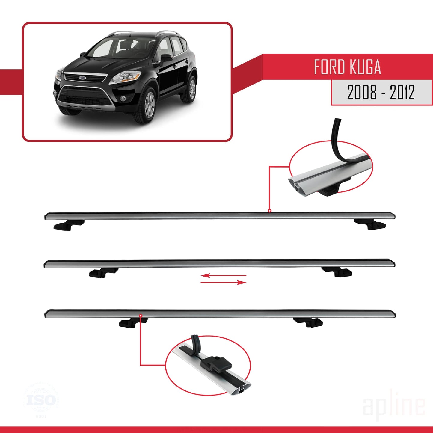 Compatible avec Ford Kuga (C394) 2008-2012 BASIC Model Barres de Toit Railing Porte-Bagages de Voiture Gris Aluminium 2 Barres