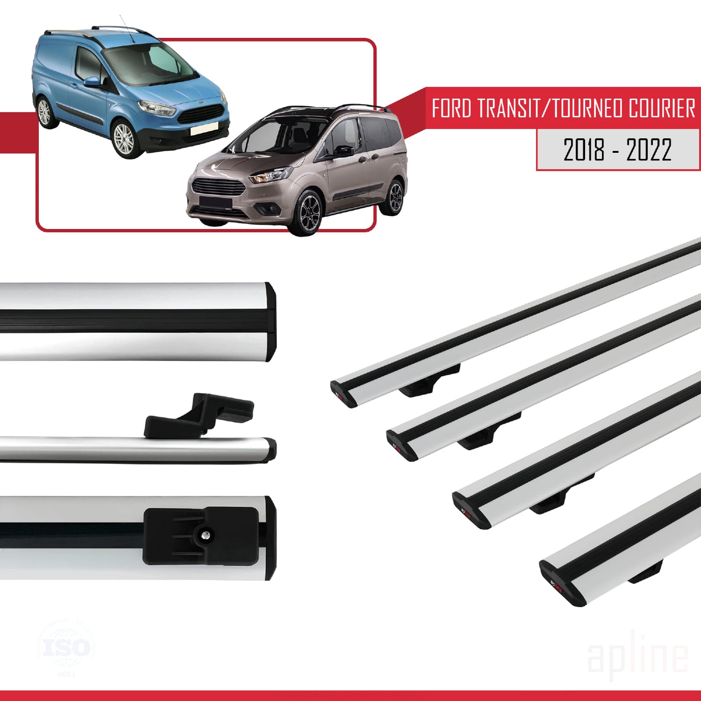 Compatible avec Ford Transit/Tourneo Courier Post-Facelift 2018-2022 BASIC Model Barres de Toit Railing Porte-Bagages de Voiture Gris Aluminium 4 Barres