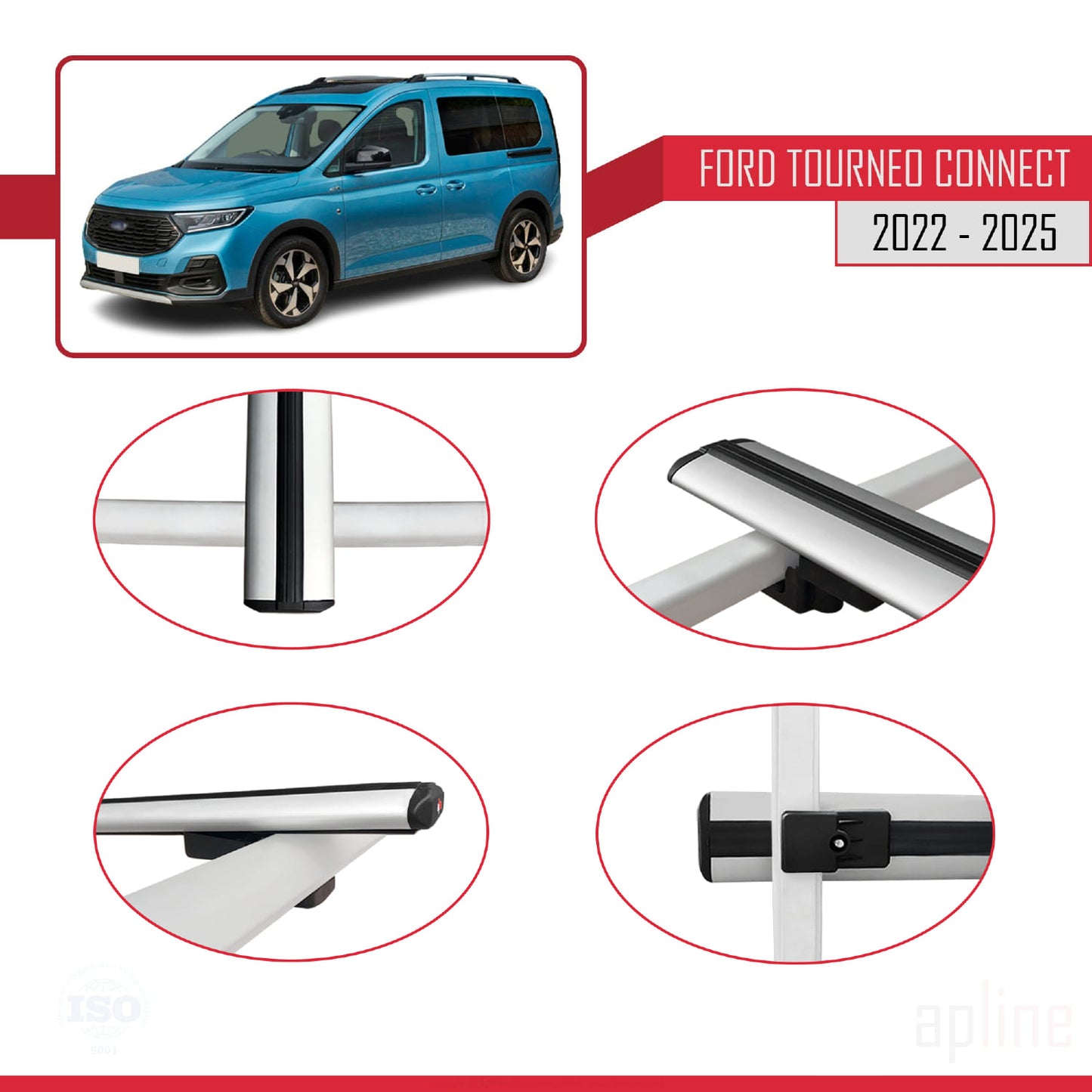Compatible avec Ford Transit/Tourneo Connect 3 2022-2025 BASIC Model Barres de Toit Railing Porte-Bagages de Voiture Gris Aluminium 2 Barres