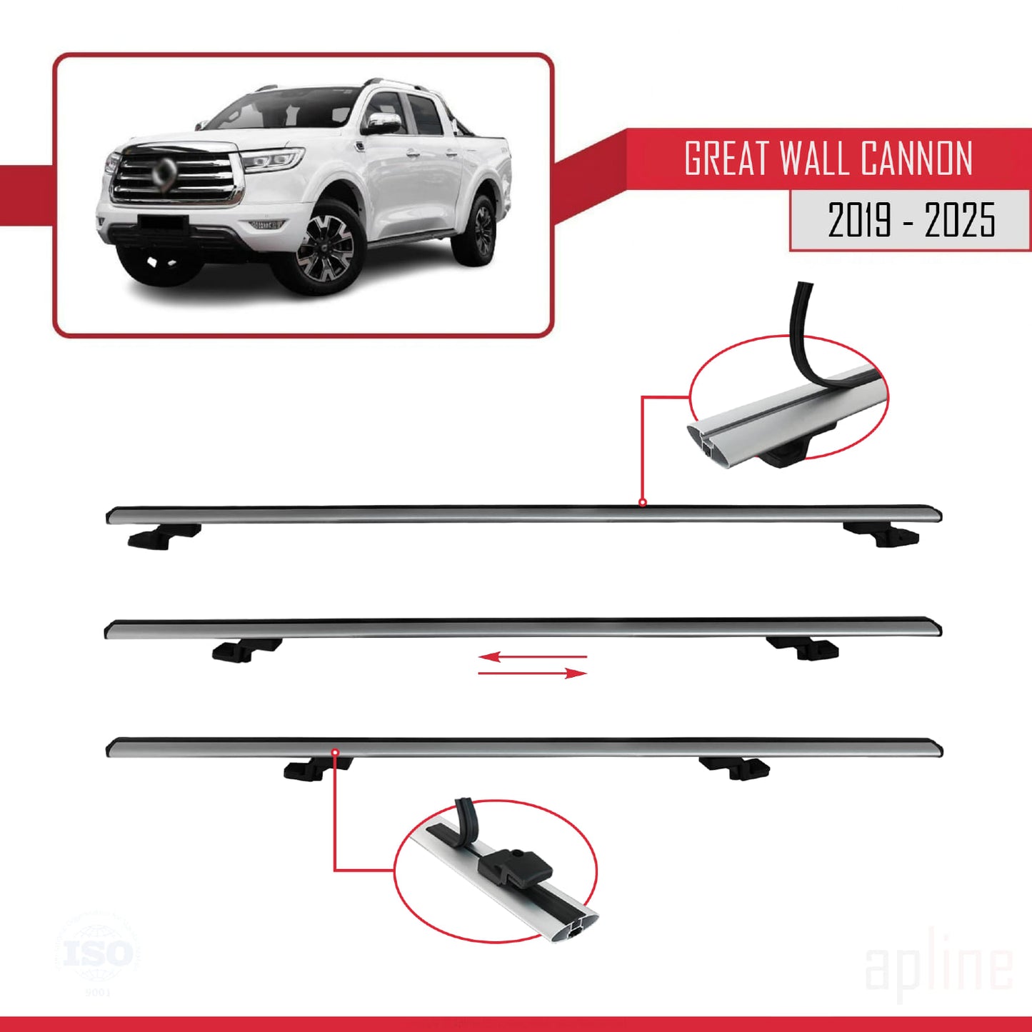 Compatible avec Great Wall Cannon 2019-2025 BASIC Model Barres de Toit Railing Porte-Bagages de Voiture Gris Aluminium 3 Barres