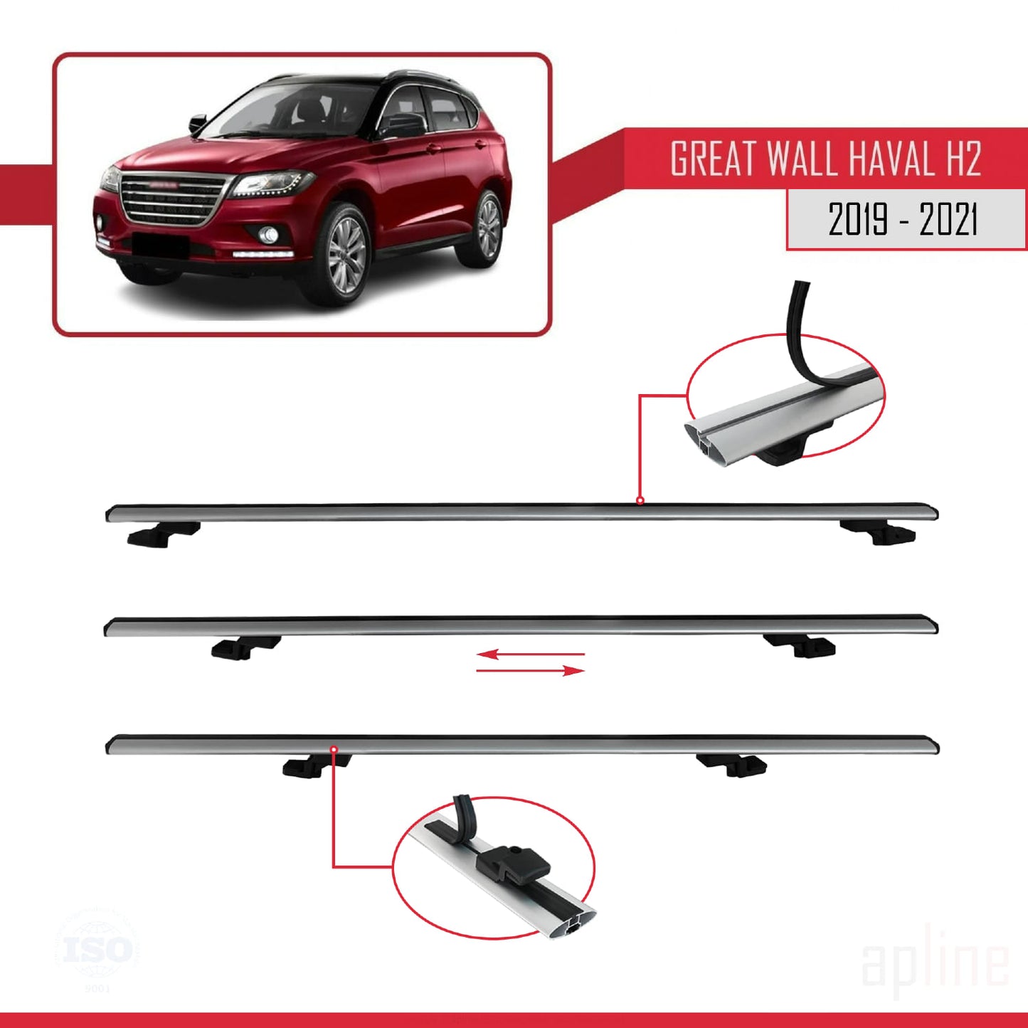 Compatible with Great Wall Haval H2 2019-2021 BASIC Model Car Roof Rack Cross Bar Grey Aluminium 3 Bars