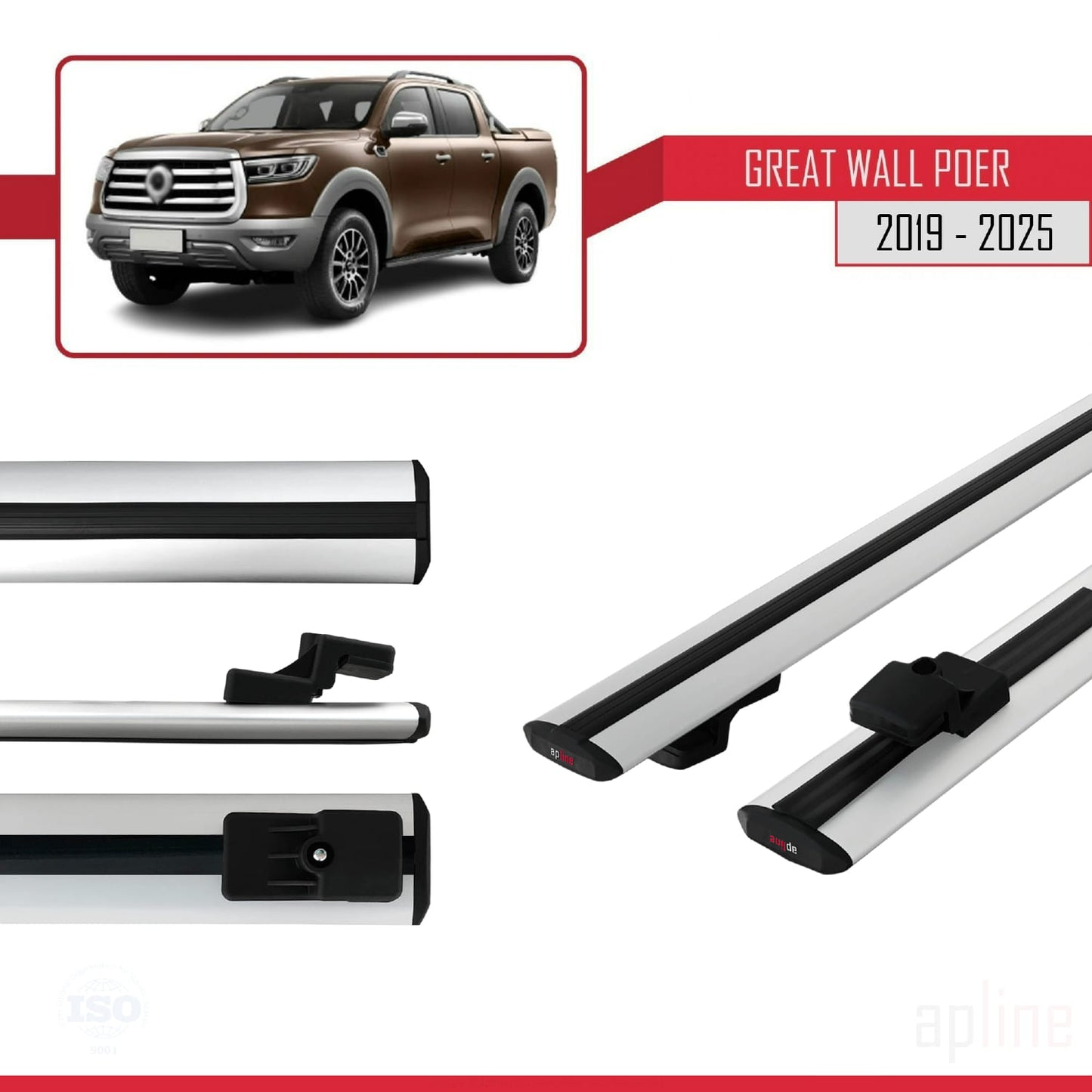 Compatible avec Great Wall Poer 2019-2025 BASIC Model Barres de Toit Railing Porte-Bagages de Voiture Gris Aluminium 2 Barres