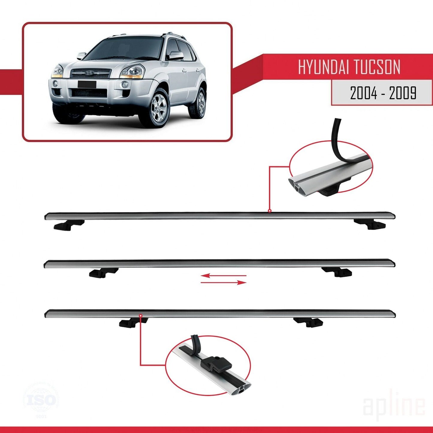 Compatible avec Hyundai Tucson (JM) 2004-2009 BASIC Model Barres de Toit Railing Porte-Bagages de Voiture Gris Aluminium 3 Barres