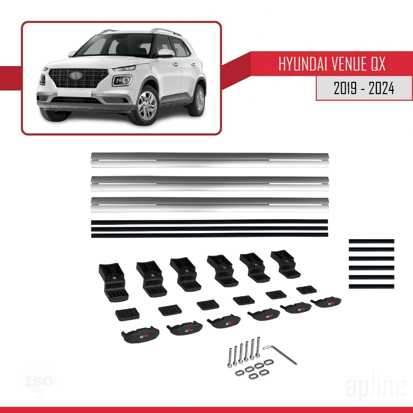 Compatible avec Hyundai Venue (QX) 2019-2024 BASIC Model Barres de Toit Railing Porte-Bagages de Voiture Gris Aluminium 3 Barres