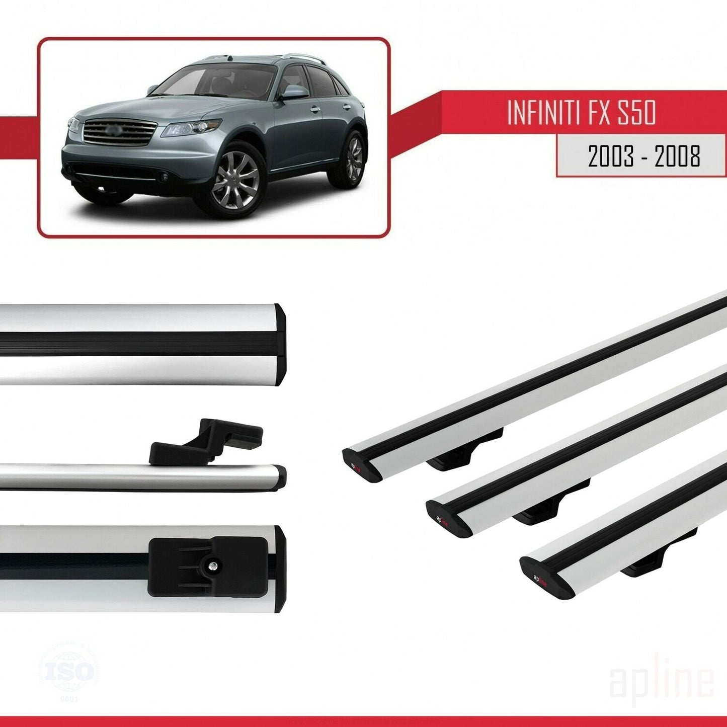 Compatible avec Infiniti FX (S50) 2003-2008 BASIC Model Barres de Toit Railing Porte-Bagages de Voiture Gris Aluminium 3 Barres