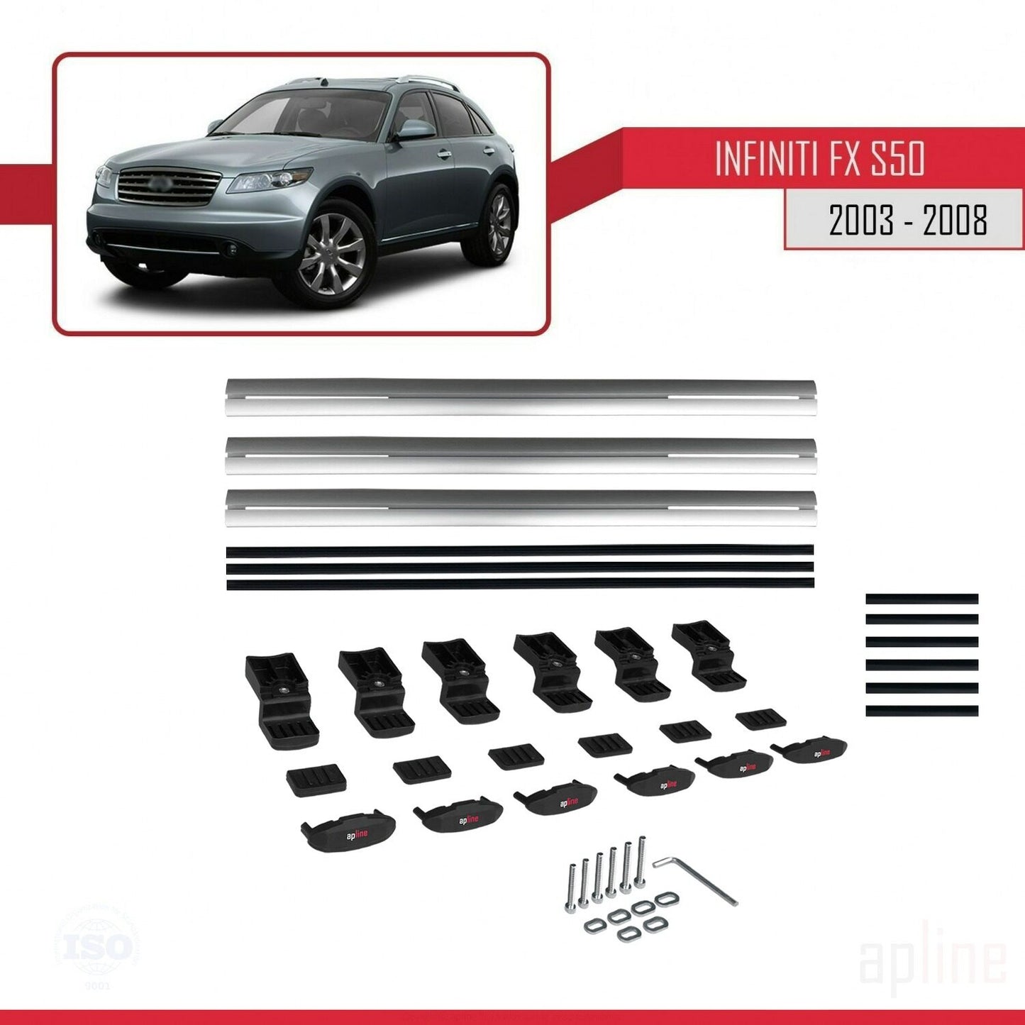 Compatible avec Infiniti FX (S50) 2003-2008 BASIC Model Barres de Toit Railing Porte-Bagages de Voiture Gris Aluminium 3 Barres