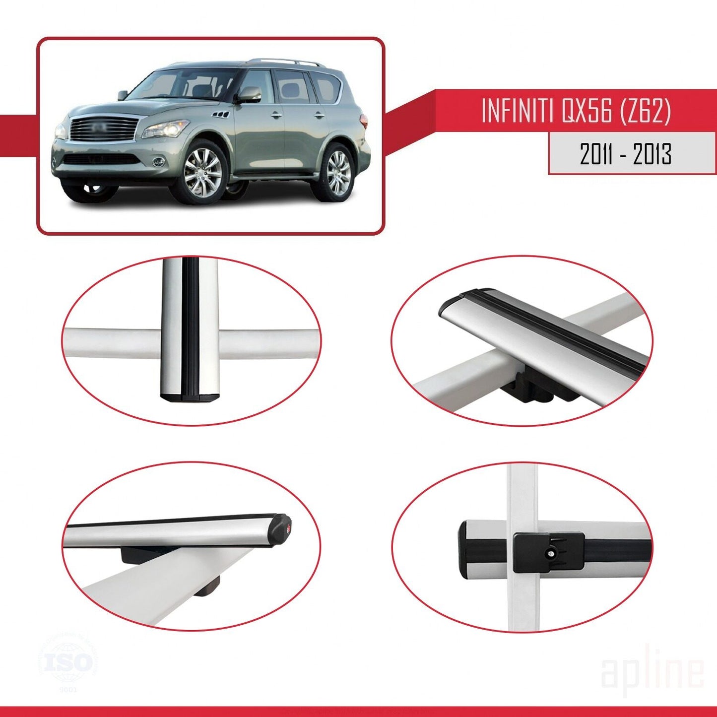 Compatible avec IInfiniti QX56 (Z62) 2011-2013 BASIC Model Barres de Toit Railing Porte-Bagages de Voiture Gris Aluminium 3 Barres