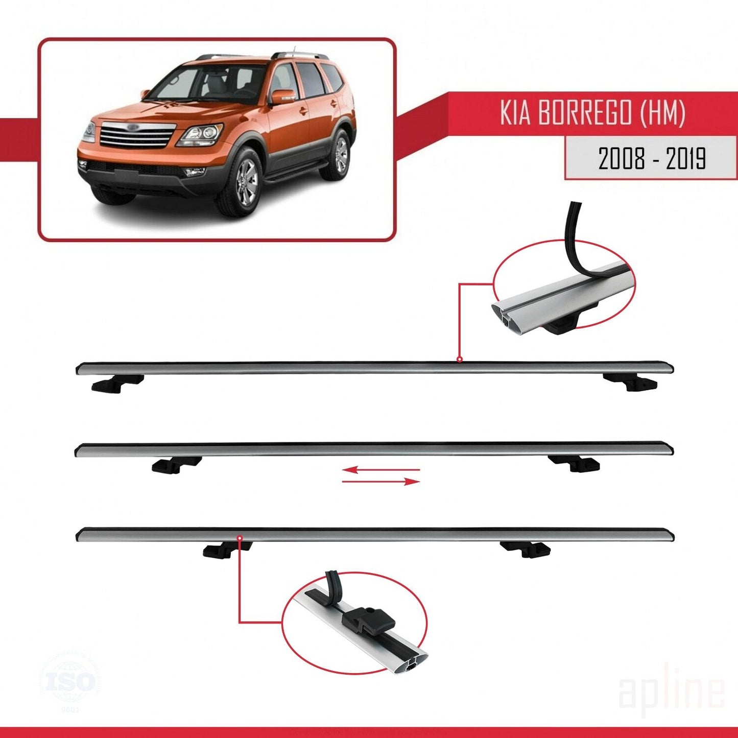 Compatible avec Kia Borrego (HM) 2008-2019 BASIC Model Barres de Toit Railing Porte-Bagages de Voiture Gris Aluminium 2 Barres