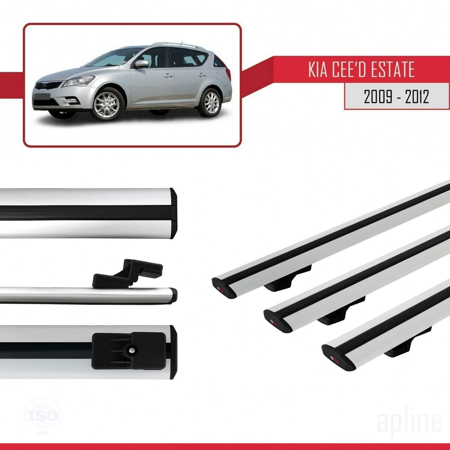 Compatible with Kia Ceed (ED) SW Post-Facelift 2009-2012 BASIC Model Car Roof Rack Cross Bar Grey Aluminium 3 Bars