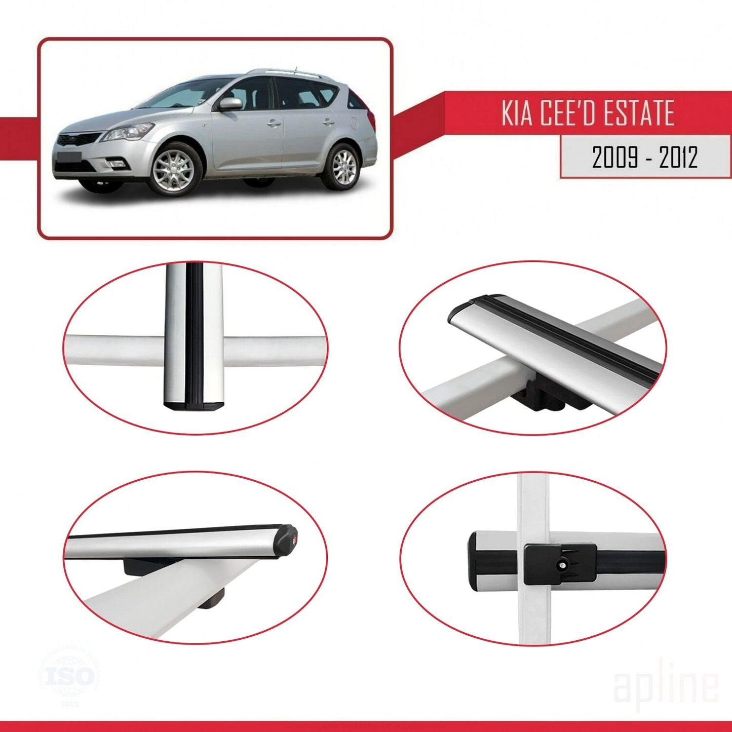 Compatible with Kia Ceed (ED) SW Post-Facelift 2009-2012 BASIC Model Car Roof Rack Cross Bar Grey Aluminium 2 Bars