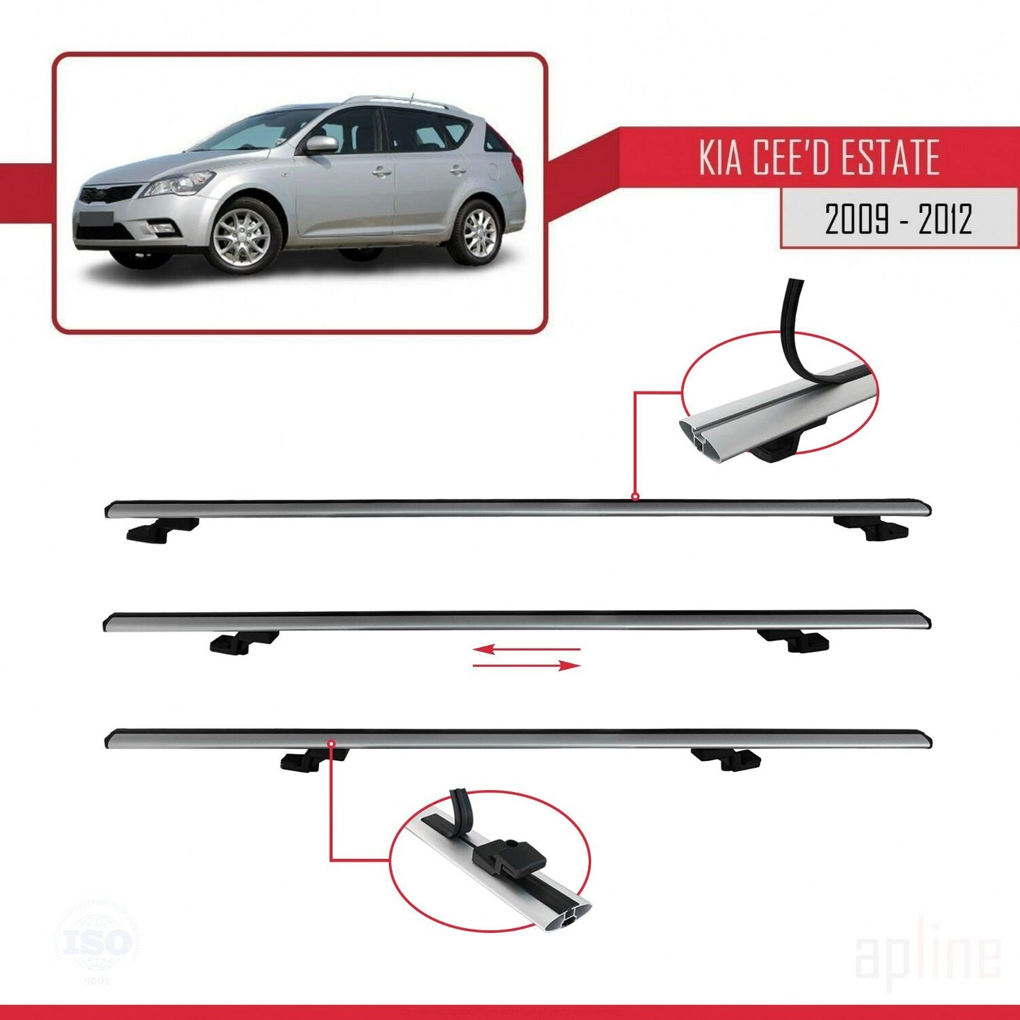 Compatible with Kia Ceed (ED) SW Post-Facelift 2009-2012 BASIC Model Car Roof Rack Cross Bar Grey Aluminium 2 Bars
