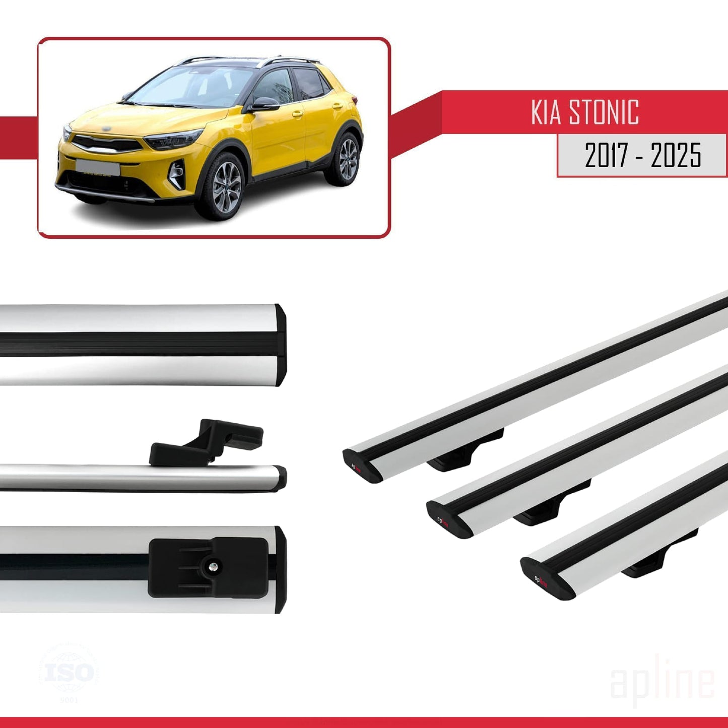 Compatible avec Kia Stonic 2017-2025 BASIC Model Barres de Toit Railing Porte-Bagages de Voiture Gris Aluminium 3 Barres