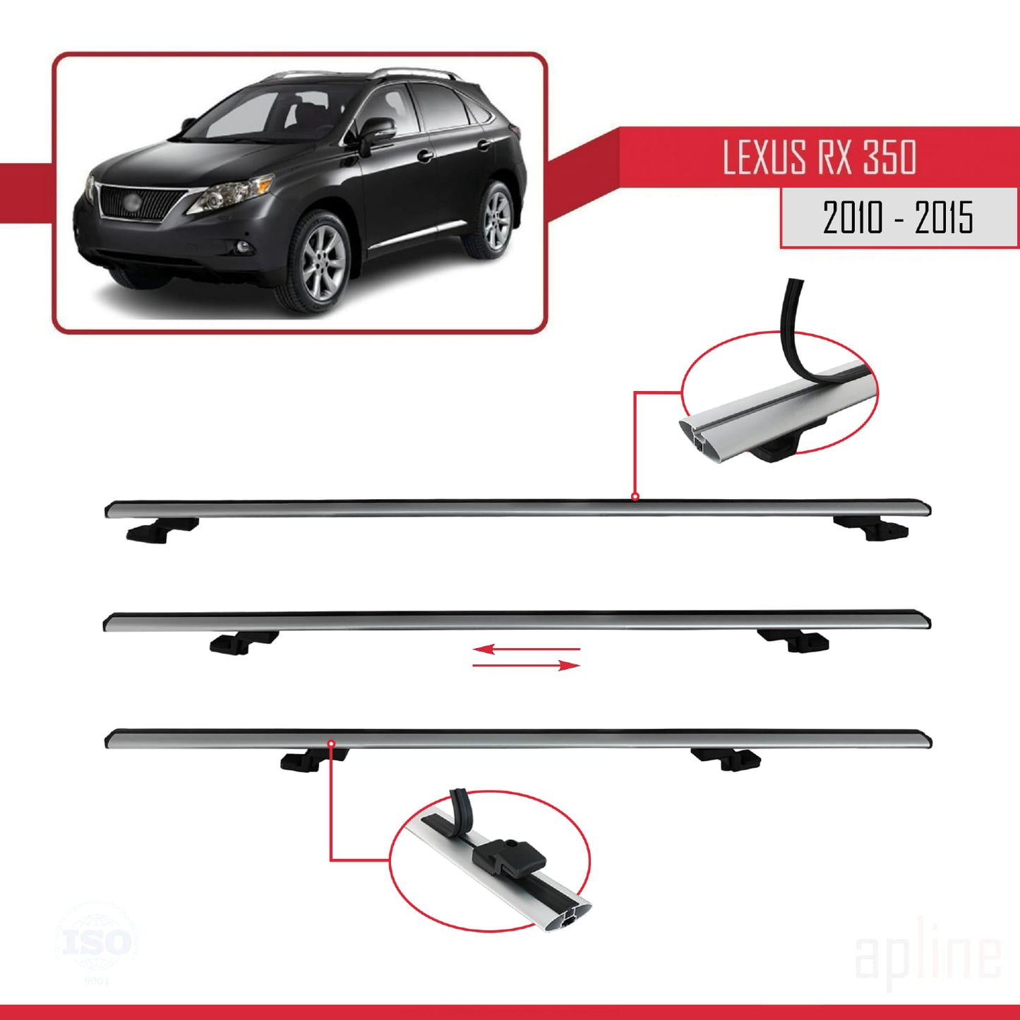 Compatible avec Lexus RX 3 (AL10) 2010-2015 BASIC Model Barres de Toit Railing Porte-Bagages de Voiture Gris Aluminium 3 Barres