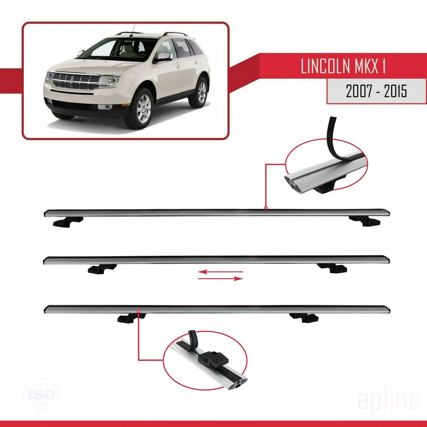 Compatible with Lincoln MKX (U388) 2007-2015 BASIC Model Car Roof Rack Cross Bar Grey Aluminium 2 Bars
