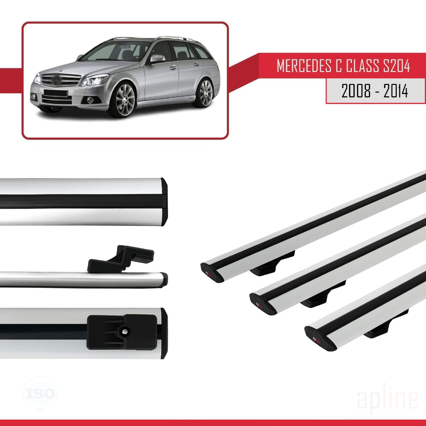 Compatible avec Mercedes Classe C 3 (S204) 2008-2014 BASIC Model Barres de Toit Railing Porte-Bagages de Voiture Gris Aluminium 3 Barres