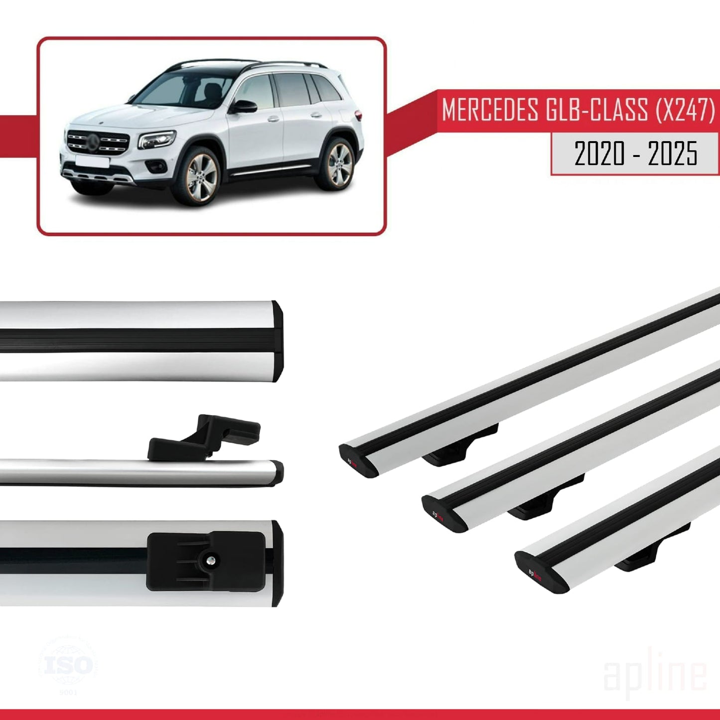 Compatible avec Mercedes Classe GLB (X247) 2020-2025 BASIC Model Barres de Toit Railing Porte-Bagages de Voiture Gris Aluminium 3 Barres