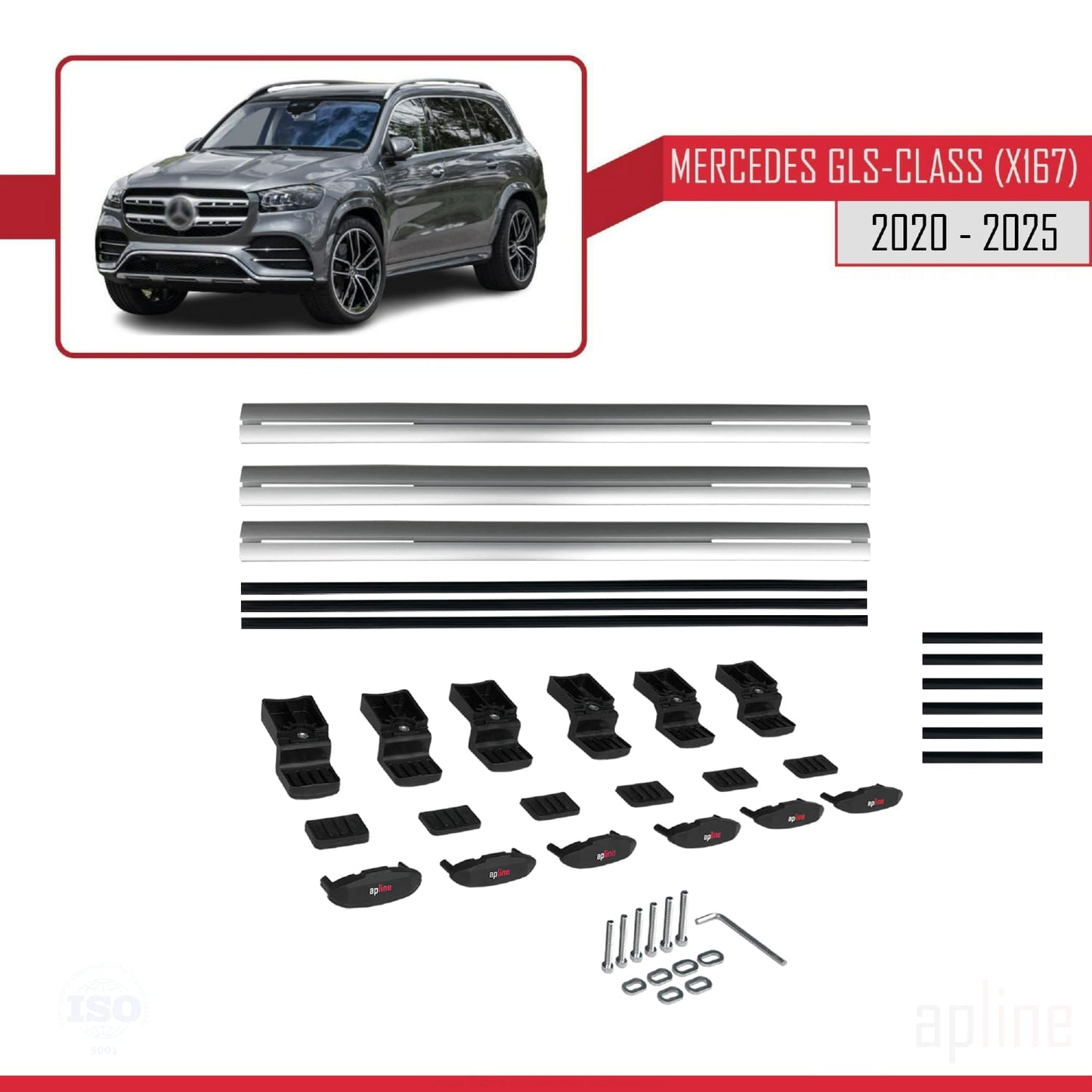 Compatible avec Mercedes Classe GLS (X167) 2020-2025 BASIC Model Barres de Toit Railing Porte-Bagages de Voiture Gris Aluminium 3 Barres