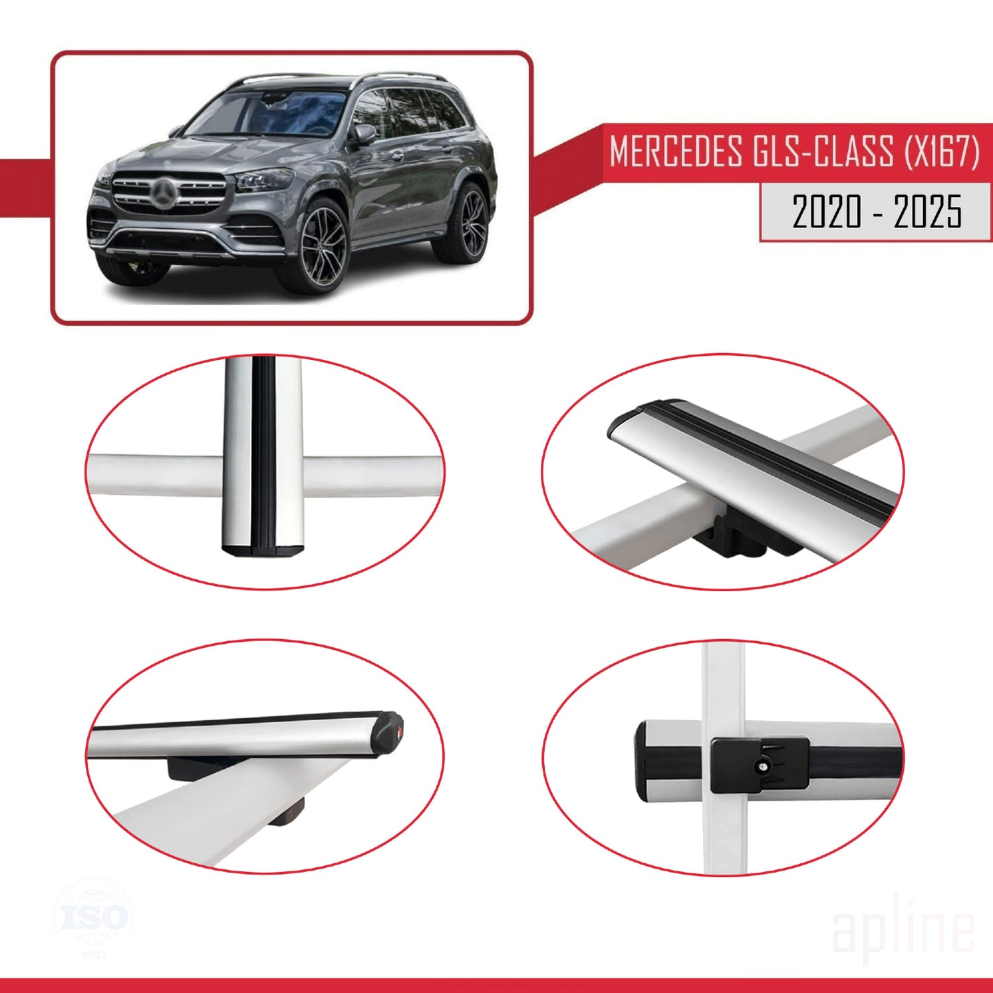 Compatible avec Mercedes Classe GLS (X167) 2020-2025 BASIC Model Barres de Toit Railing Porte-Bagages de Voiture Gris Aluminium 2 Barres