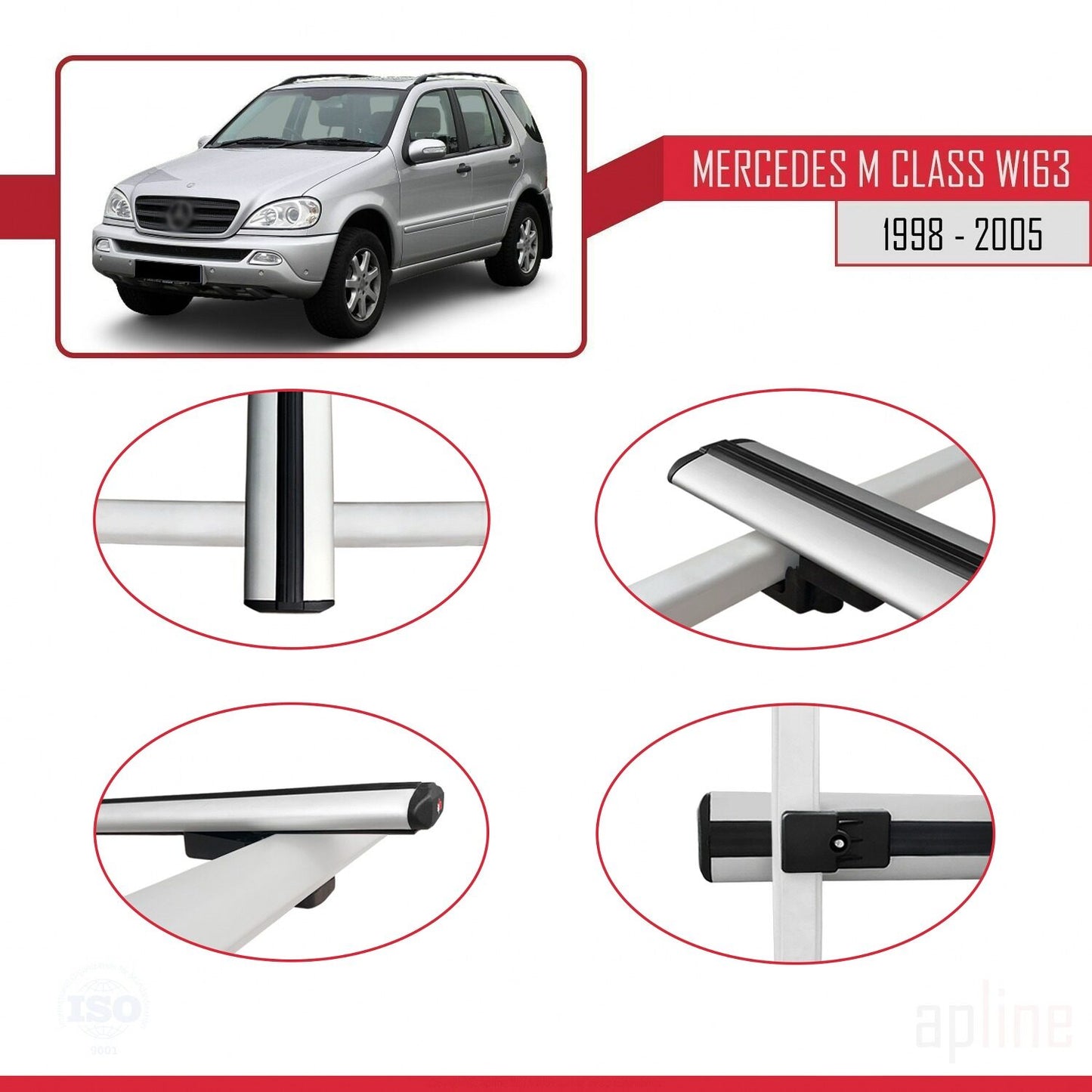 Compatible avec Mercedes Classe M (W163) 1998-2005 BASIC Model Barres de Toit Railing Porte-Bagages de Voiture Gris Aluminium 2 Barres