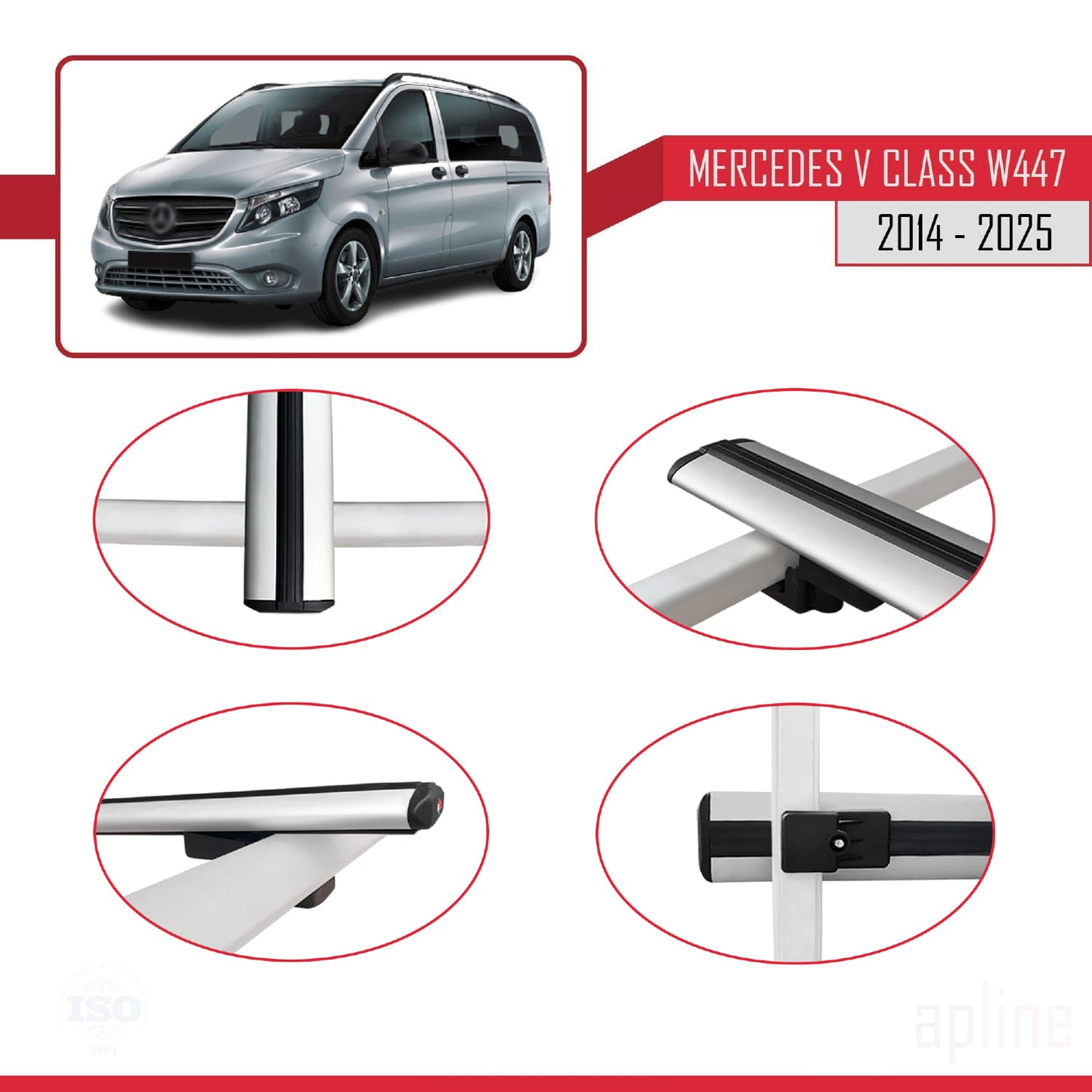 Compatible avec Mercedes Classe V 3 (W447) 2014-2025 BASIC Model Barres de Toit Railing Porte-Bagages de Voiture Gris Aluminium 3 Barres