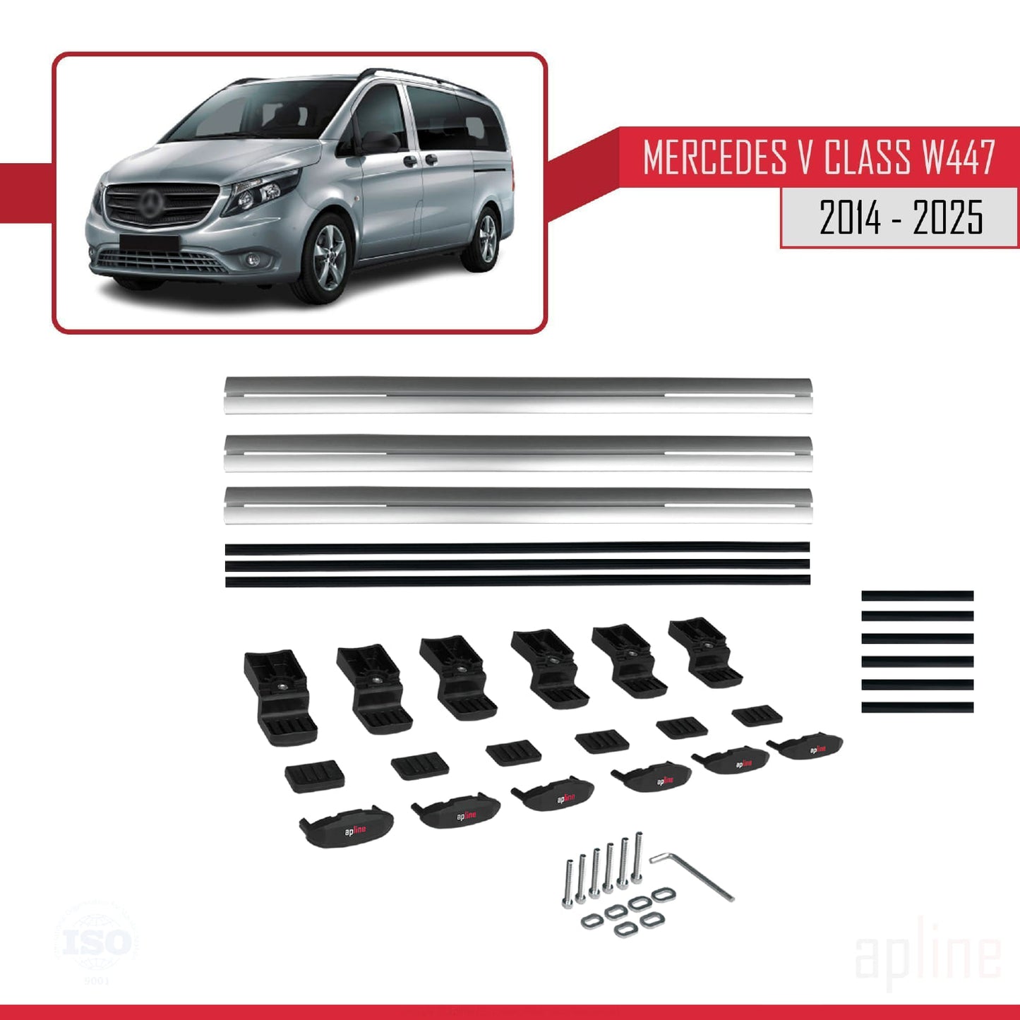 Compatible avec Mercedes Classe V 3 (W447) 2014-2025 BASIC Model Barres de Toit Railing Porte-Bagages de Voiture Gris Aluminium 3 Barres