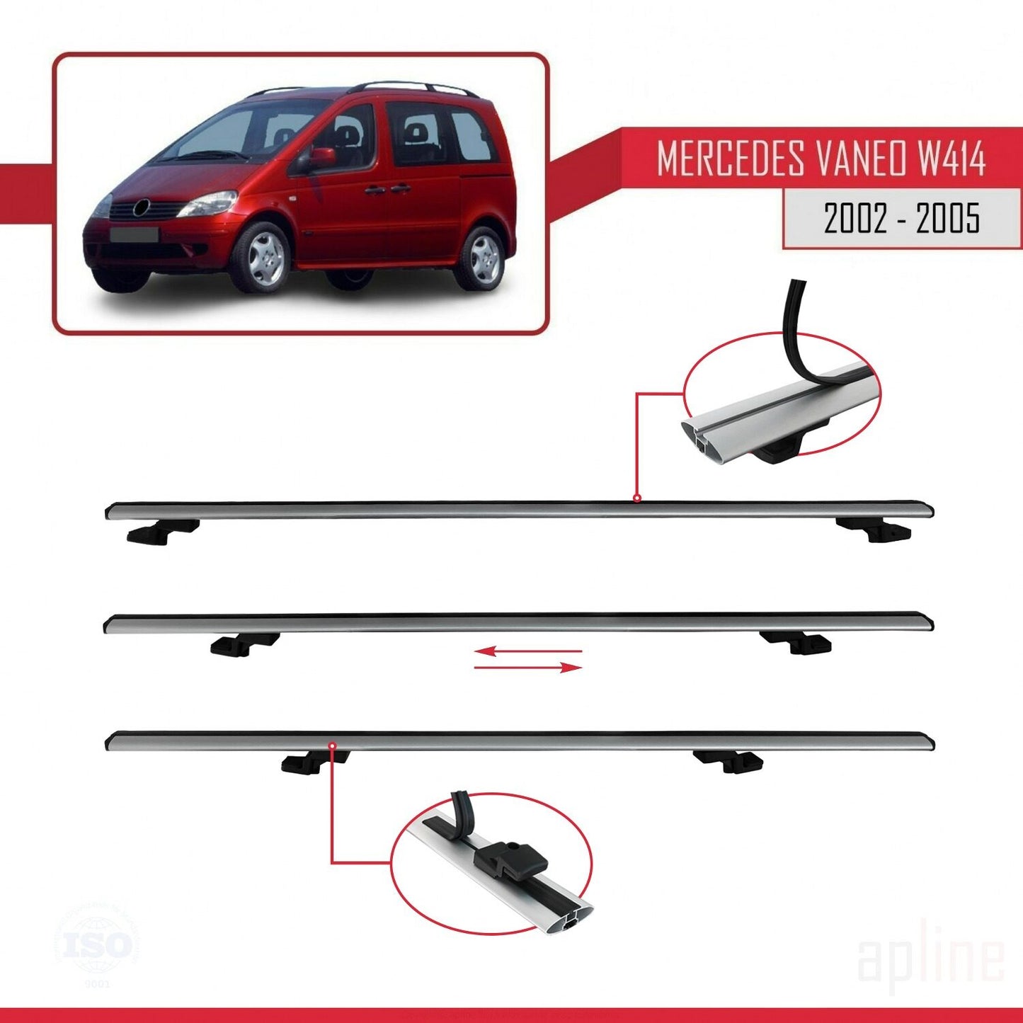 Compatible with Mercedes Vaneo (W414) 2002-2005 BASIC Model Car Roof Rack Cross Bar Grey Aluminium 2 Bars