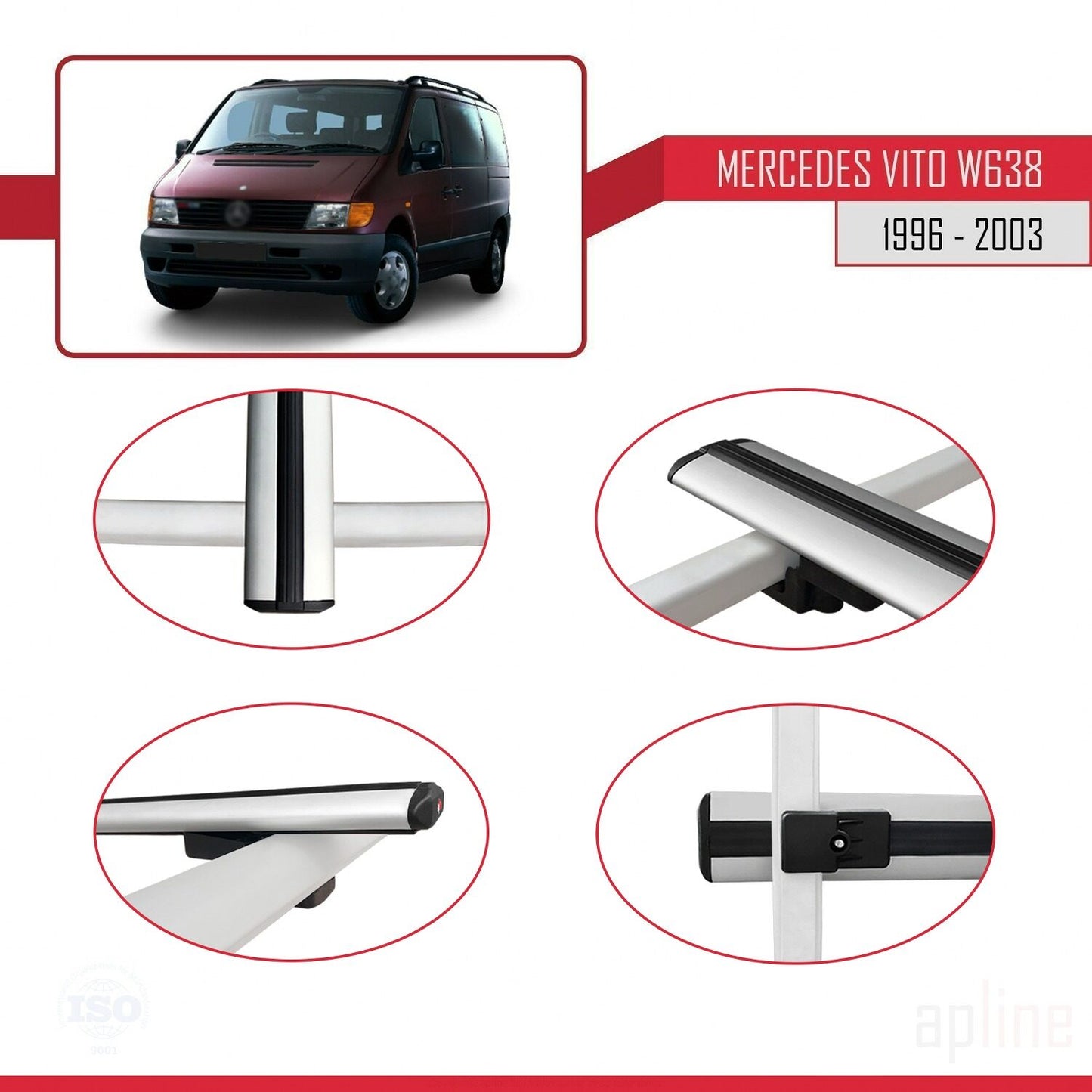 Compatible avec Mercedes Vito (W638) 1996-2003 BASIC Model Barres de Toit Railing Porte-Bagages de Voiture Gris Aluminium 3 Barres