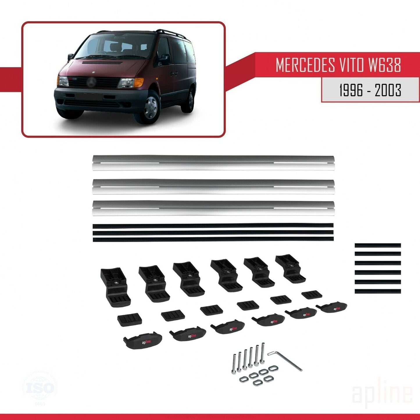 Compatible avec Mercedes Vito (W638) 1996-2003 BASIC Model Barres de Toit Railing Porte-Bagages de Voiture Gris Aluminium 3 Barres