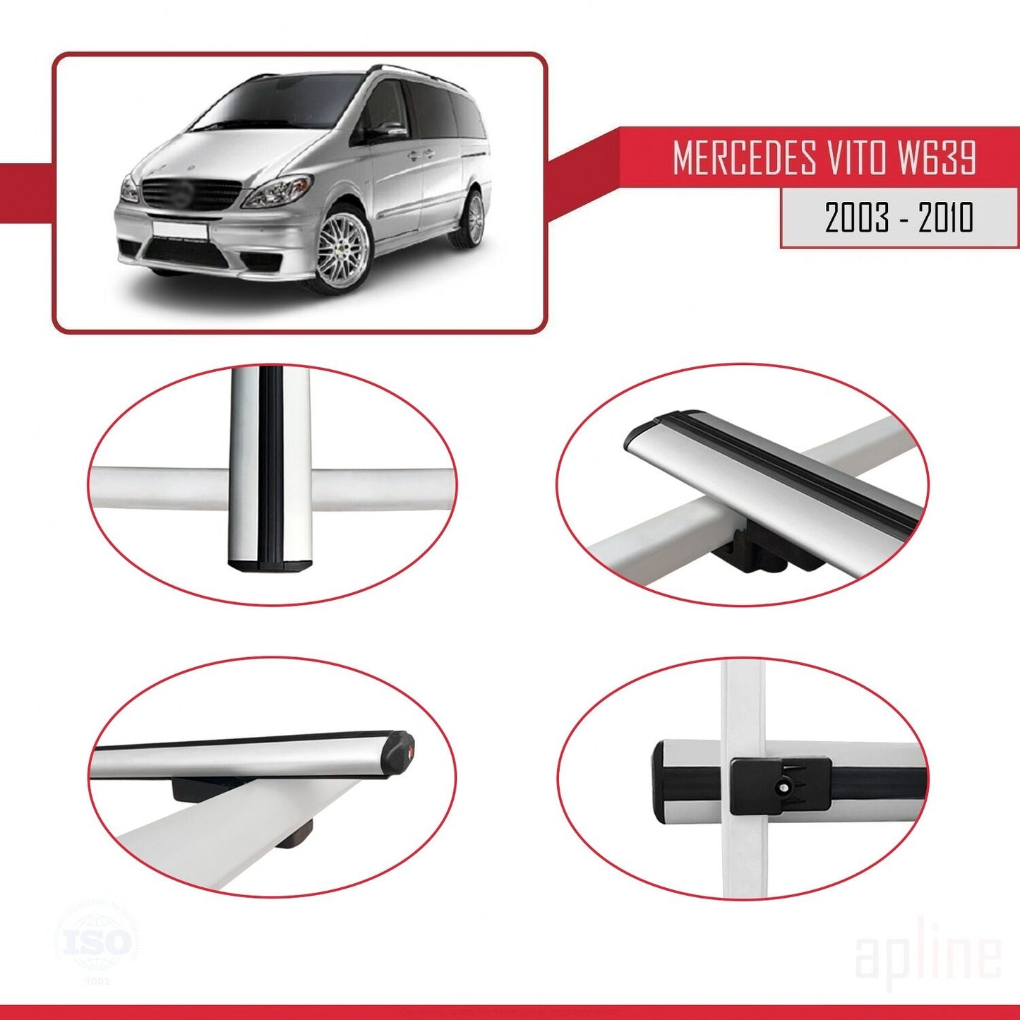 Compatible avec Mercedes Vito 2 (W639) Pre-Facelift 2003-2010 BASIC Model Barres de Toit Railing Porte-Bagages de Voiture Gris Aluminium 2 Barres