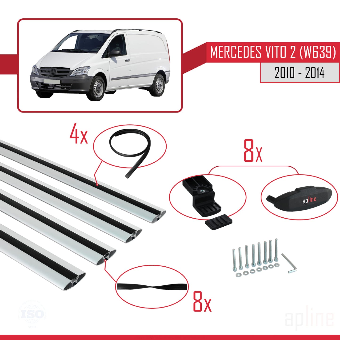 Compatible with Mercedes Vito 2 (W639) Post-Facelift 2010-2014 BASIC Model Car Roof Rack Cross Bar Grey Aluminium 4 Bars