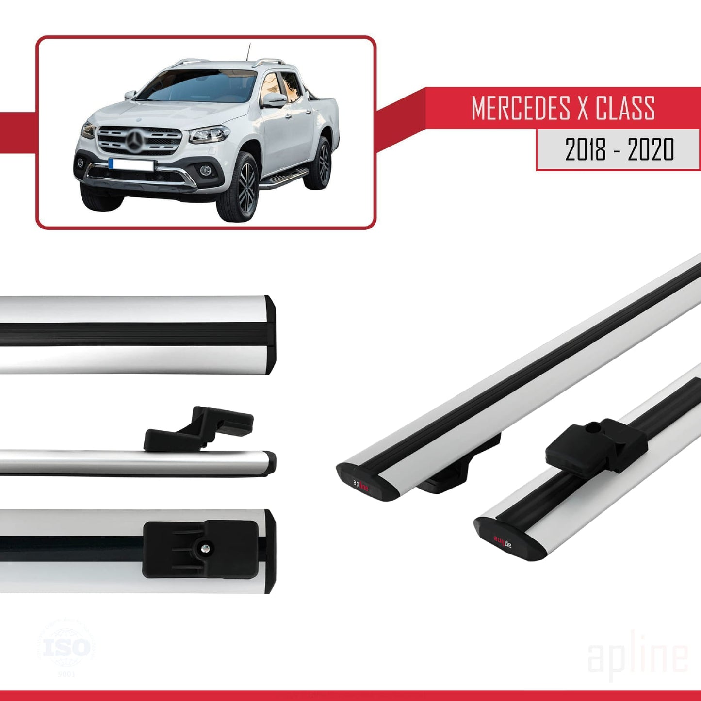 Compatible with Mercedes X Class (470) 2018-2020 BASIC Model Car Roof Rack Cross Bar Grey Aluminium 2 Bars