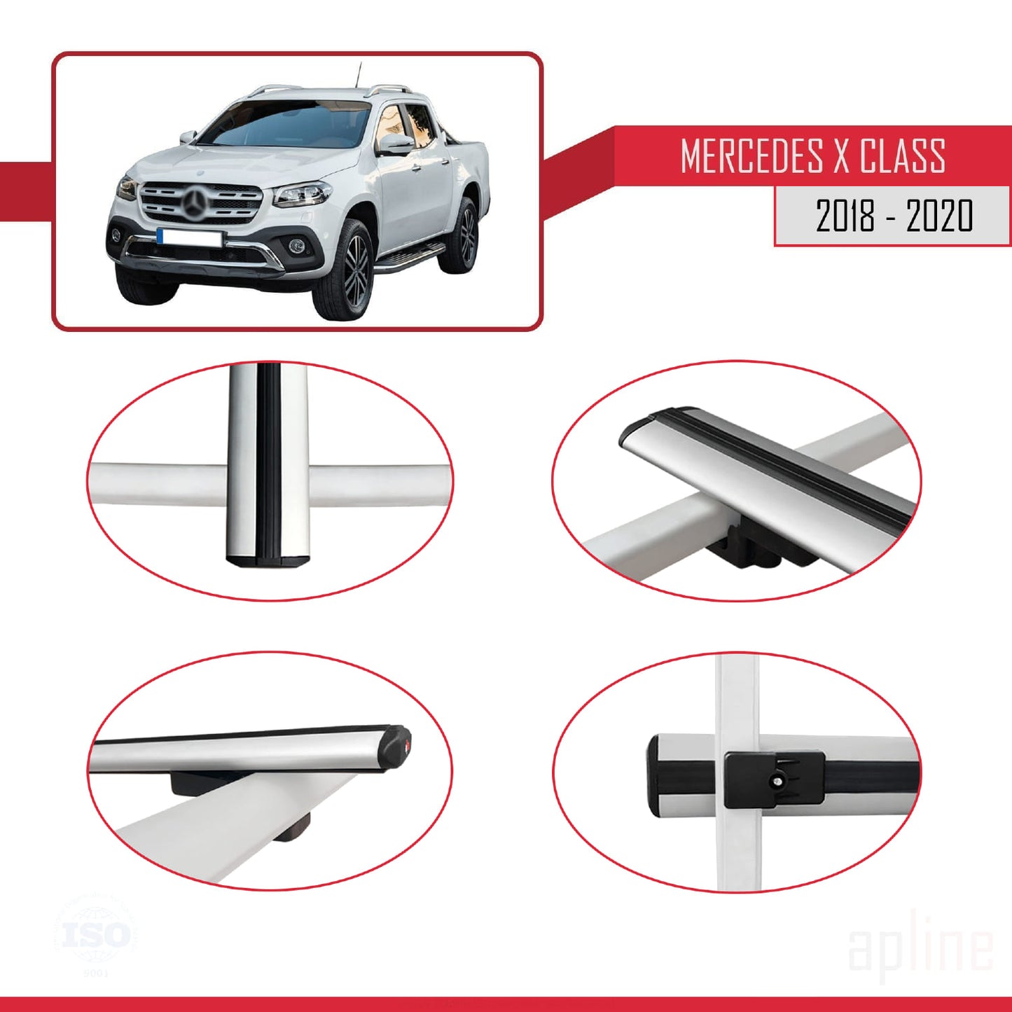 Compatible with Mercedes X Class (470) 2018-2020 BASIC Model Car Roof Rack Cross Bar Grey Aluminium 2 Bars