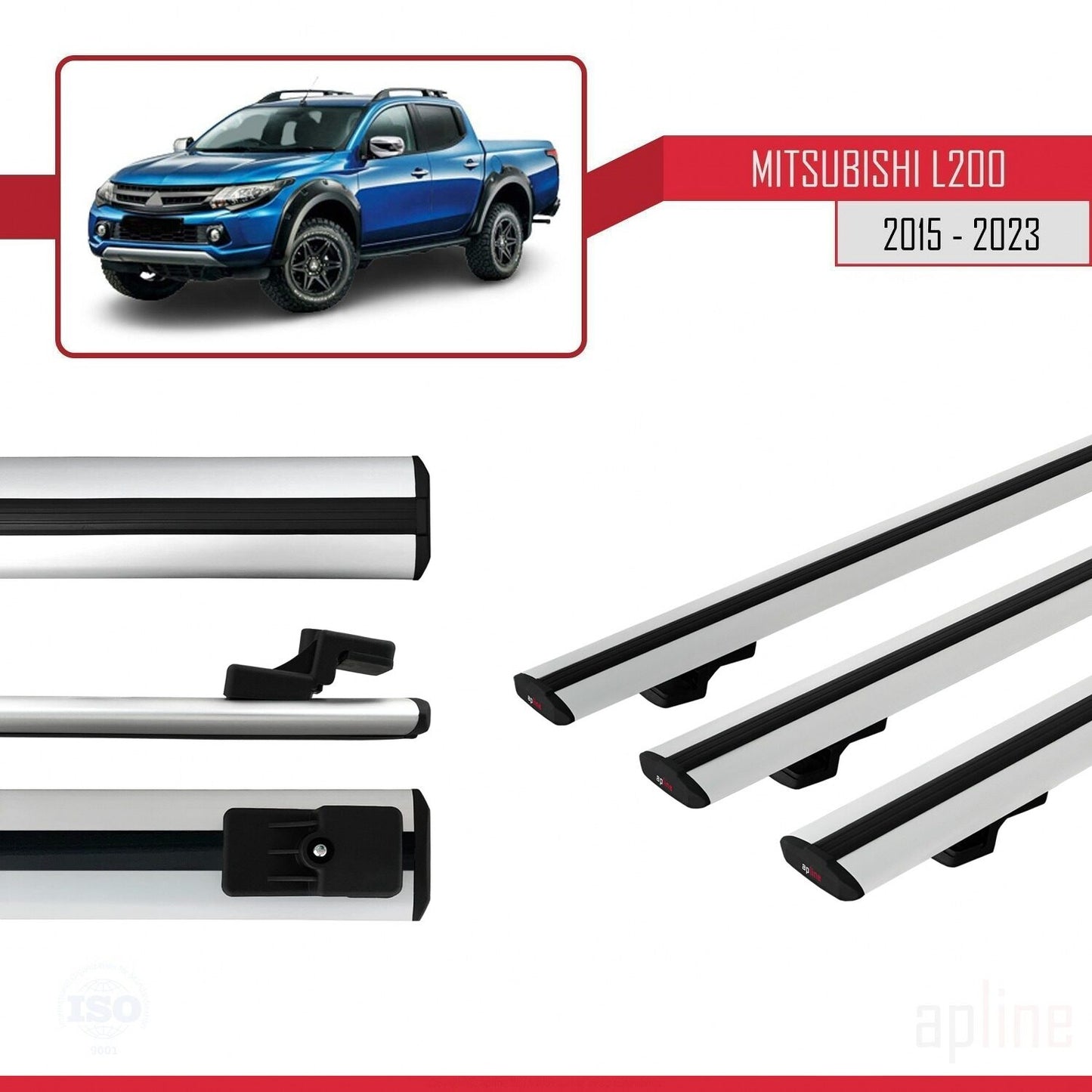 Compatible avec Mitsubishi L200 V 2015-2023 BASIC Model Barres de Toit Railing Porte-Bagages de Voiture Gris Aluminium 3 Barres