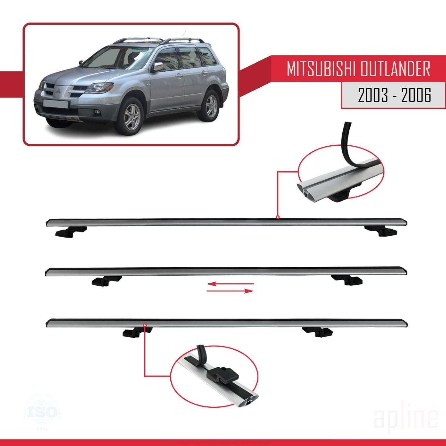 Compatible with Mitsubishi Outlander 2003-2006 BASIC Model Car Roof Rack Cross Bar Grey Aluminium 3 Bars