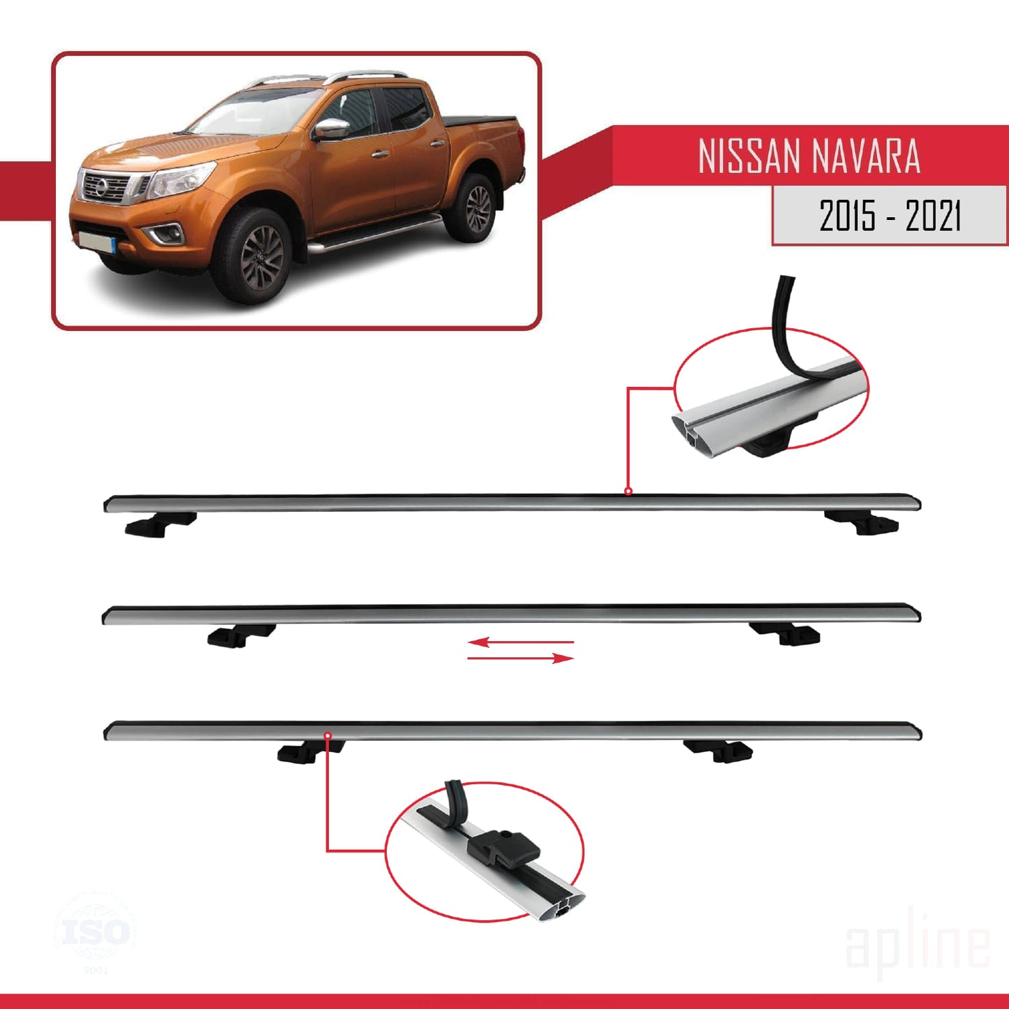 Compatible with Nissan Navara 4 (D23) 2015-2021 BASIC Model Car Roof Rack Cross Bar Grey Aluminium 3 Bars