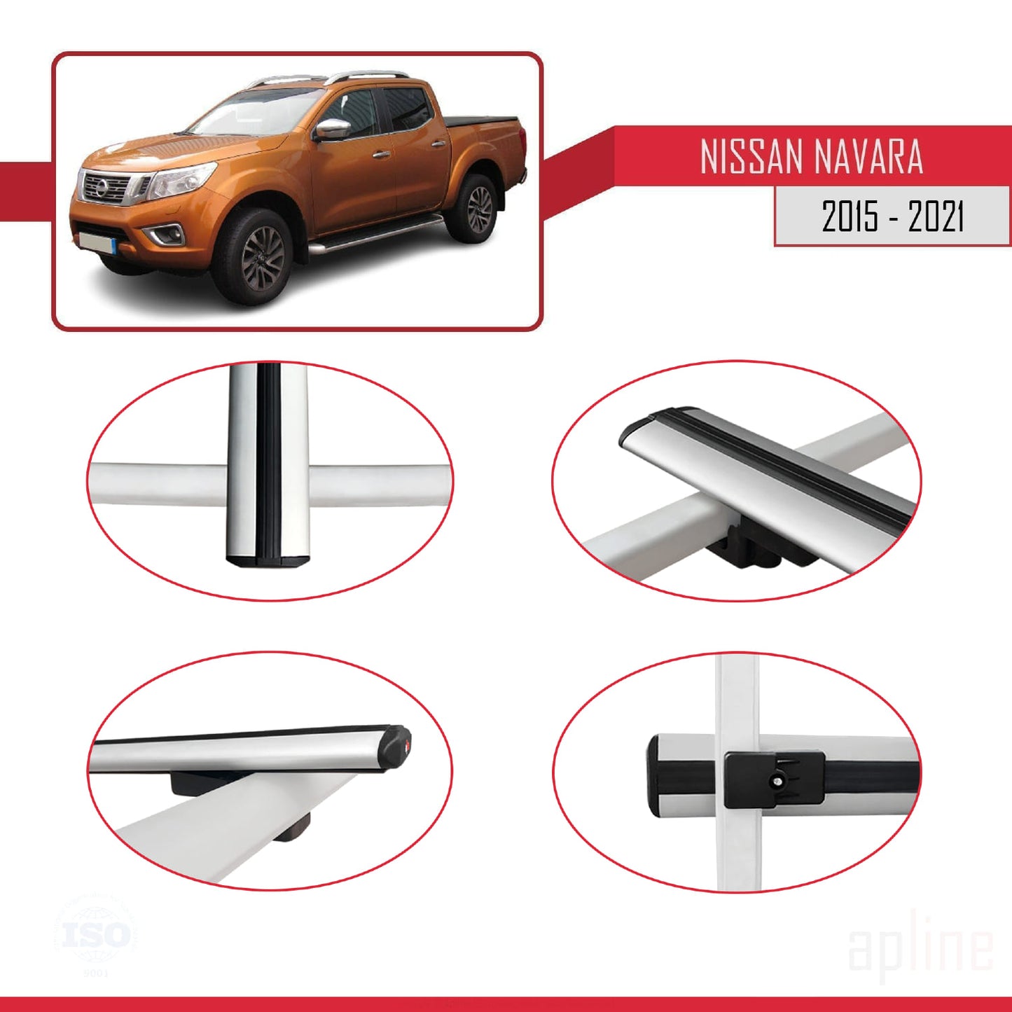 Compatible with Nissan Navara 4 (D23) 2015-2021 BASIC Model Car Roof Rack Cross Bar Grey Aluminium 2 Bars