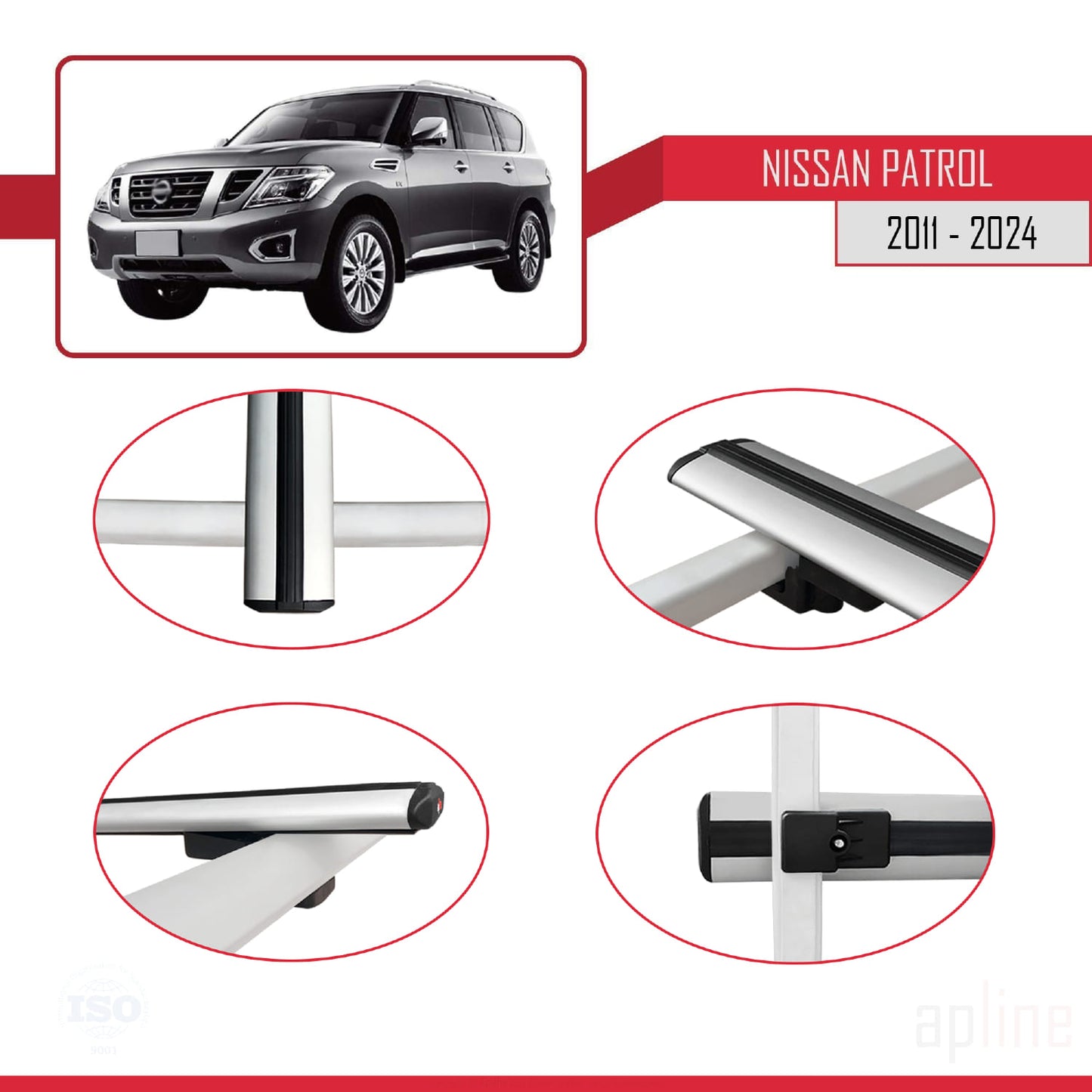 Compatible avec Nissan Patrol 6 (Y62) 2011-2024 BASIC Model Barres de Toit Railing Porte-Bagages de Voiture Gris Aluminium 3 Barres