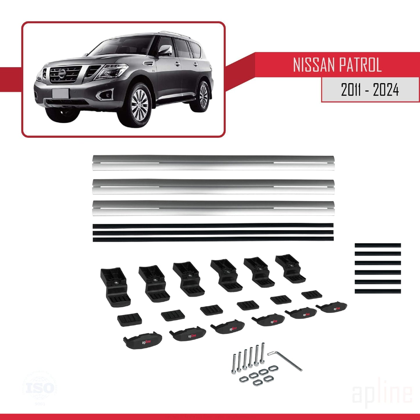 Compatible avec Nissan Patrol 6 (Y62) 2011-2024 BASIC Model Barres de Toit Railing Porte-Bagages de Voiture Gris Aluminium 3 Barres