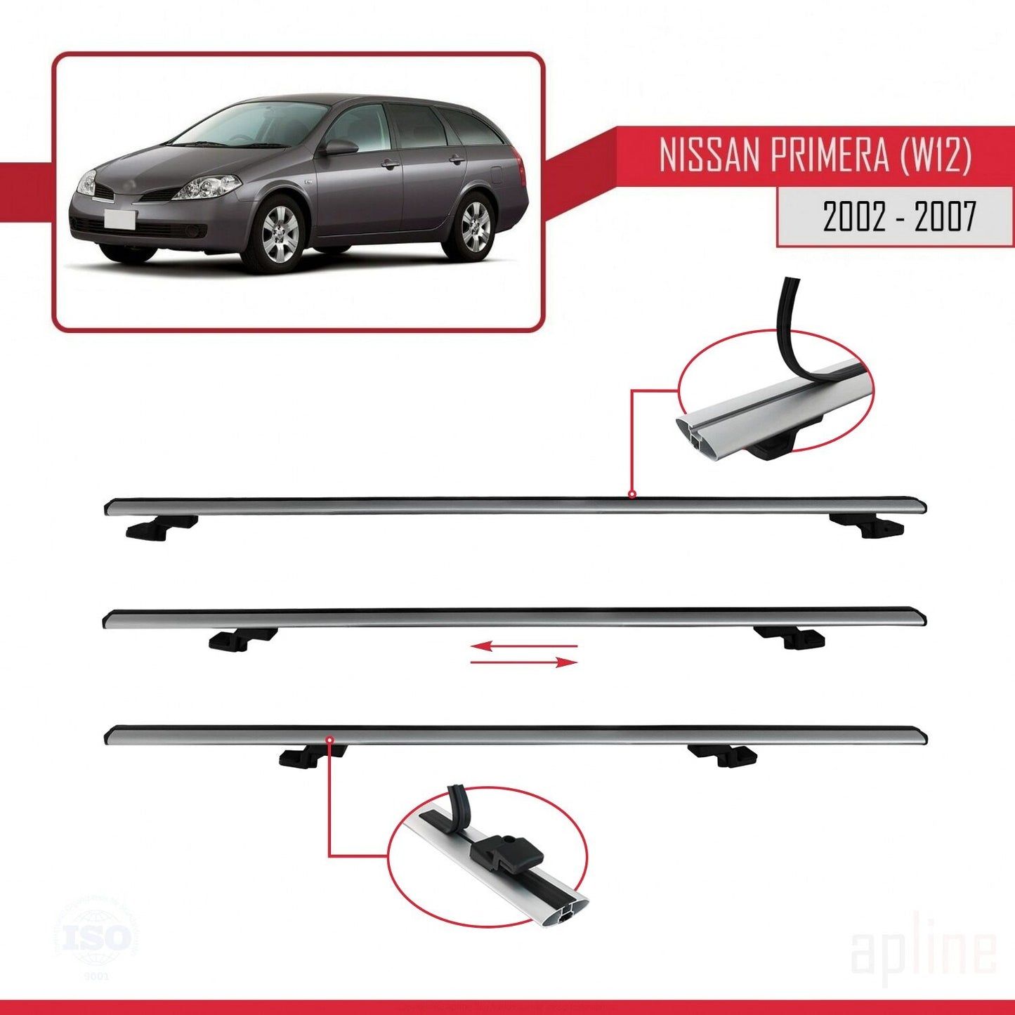 Compatible avec Nissan Primera 3 (W12) Traveller 2002-2007 BASIC Model Barres de Toit Railing Porte-Bagages de Voiture Gris Aluminium 3 Barres