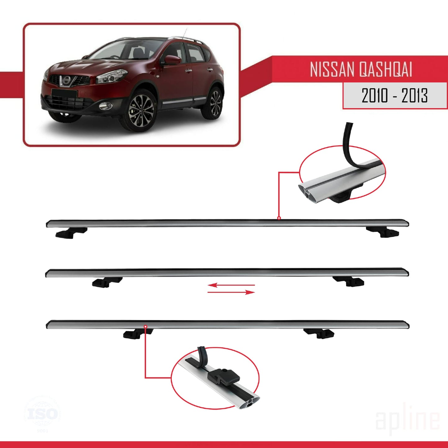 Compatible with Nissan Qashqai (J10) Post-Facelift 2010-2013 BASIC Model Car Roof Rack Cross Bar Grey Aluminium 3 Bars